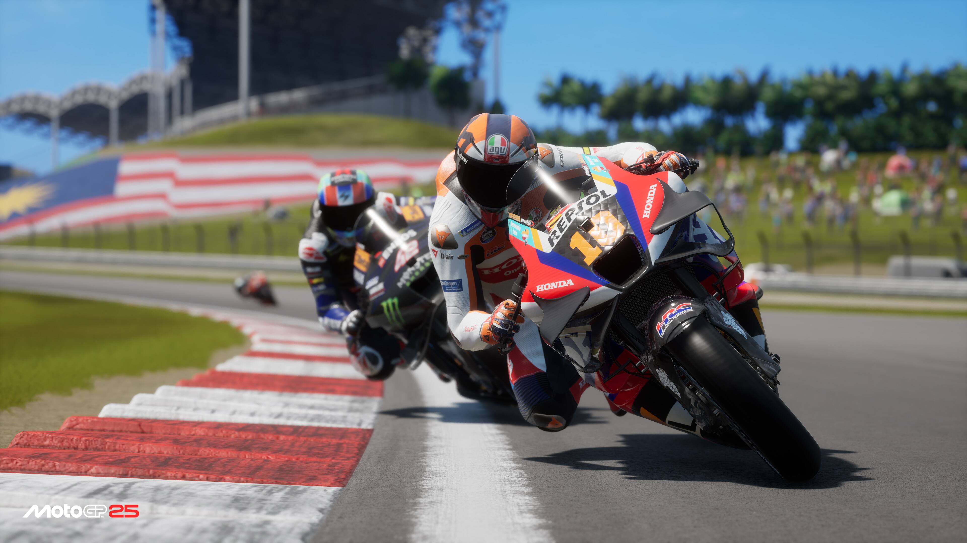 MotoGP 25 is a racing game that features three motorcycles on a race track. The motorcycles are red, white, and blue, and they are ridden by three riders. The riders are wearing helmets and racing suits, and they are competing against each other on the track. The game likely offers various challenges and obstacles for the riders to navigate, making it an exciting and thrilling experience for players.