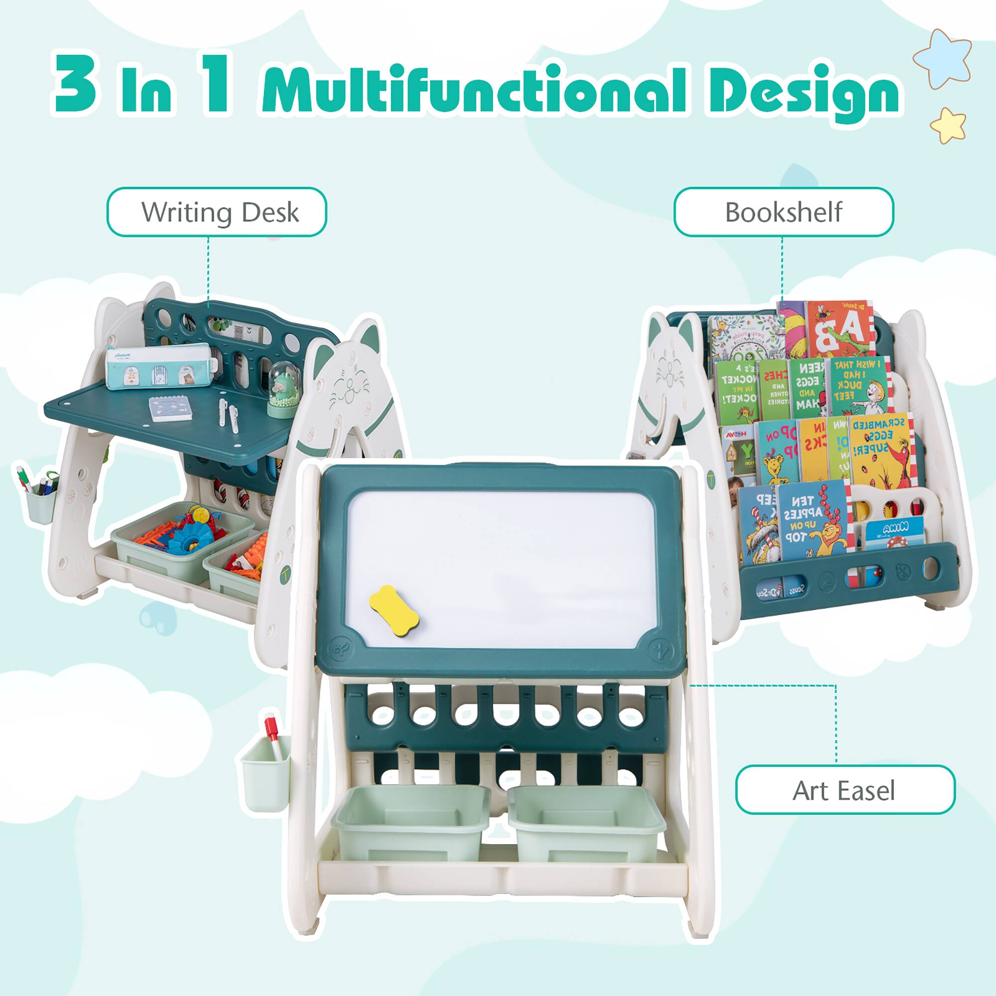 3 In 1 Multifunctional Design Writing Desk Bookshelf - Art Easel - AB REEN THAT KIDS CAN . HOCKET EGGS - - - DUCK S CHA FEEZ OCKET: tmr MAK - HI ViN SCRAMBLED AT OPON HO CKS 0 EGGSO M SUPER (M EEP TEN 7 APPLES NO U TOP 4 ARON NO - Art Easel