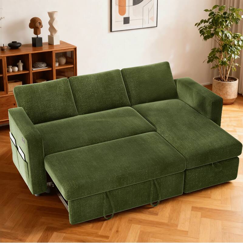 Front. Vipbear - 81" L Shaped Chenille Sleeper Sofa Bed with Pull Out Bed Reclining Backrest,Storage Chaise,USB Ports,Tool-Free Assembly - Green.