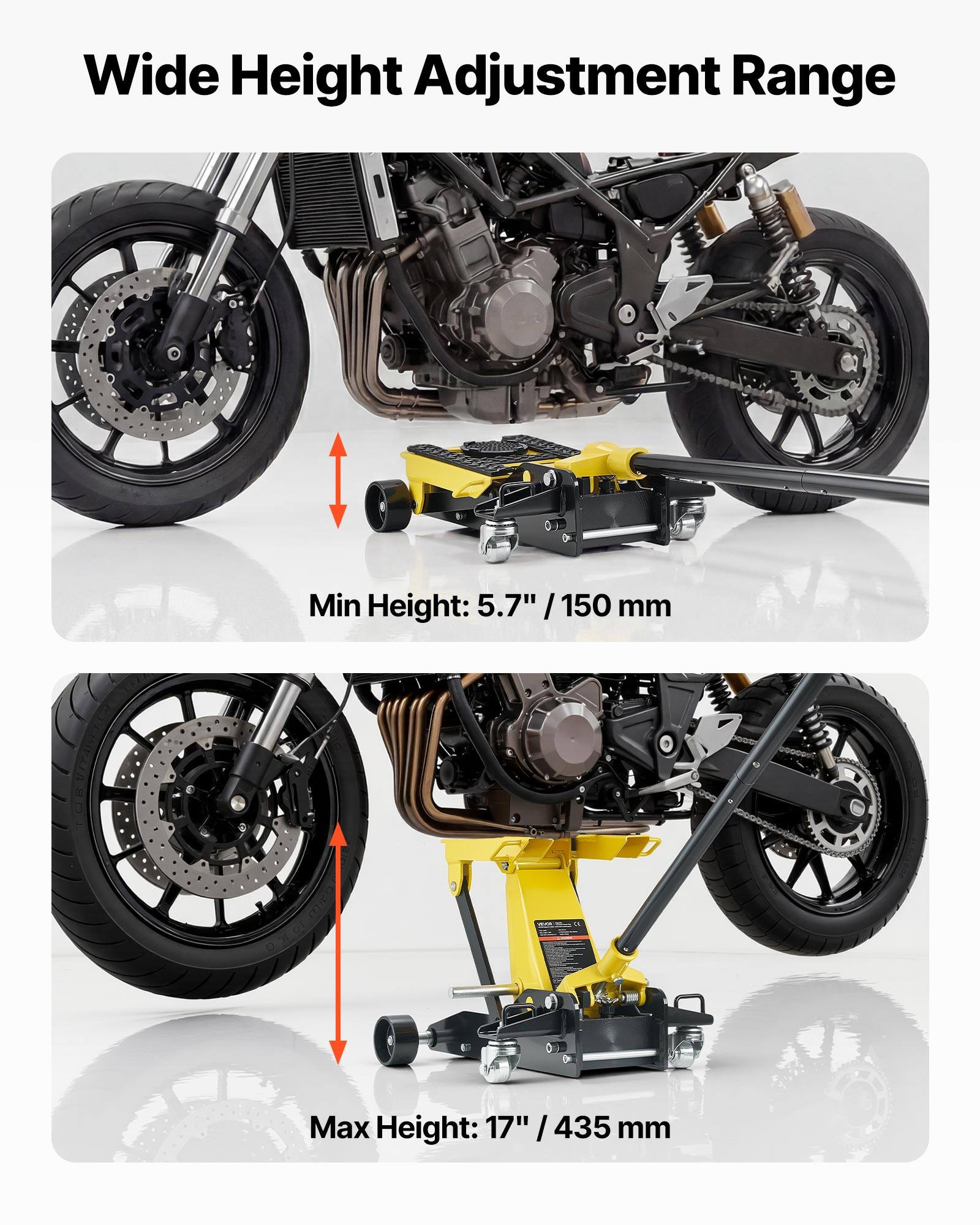 Wide Height Adjustment Range

Min Height: 5.7" / 150 mm

Max Height: 17" / 435 mm