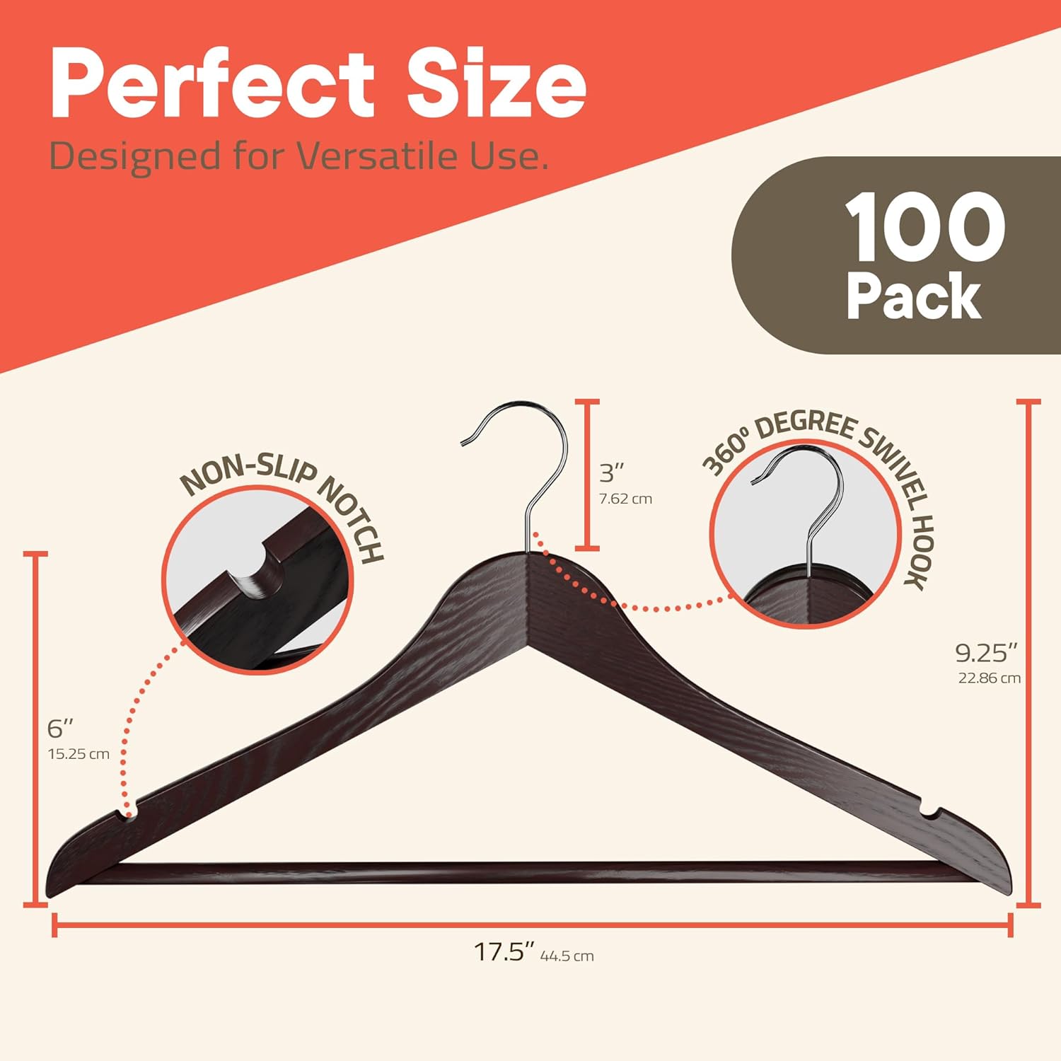 Perfect Size
Designed for Versatile Use.
NON-SLIP NOTCH 3" 7.62 cm
360° DEGREE SWIVEL HOOK 9.25" 22.86 cm
6" 15.25 cm
17.5" 44.5 cm
100 Pack