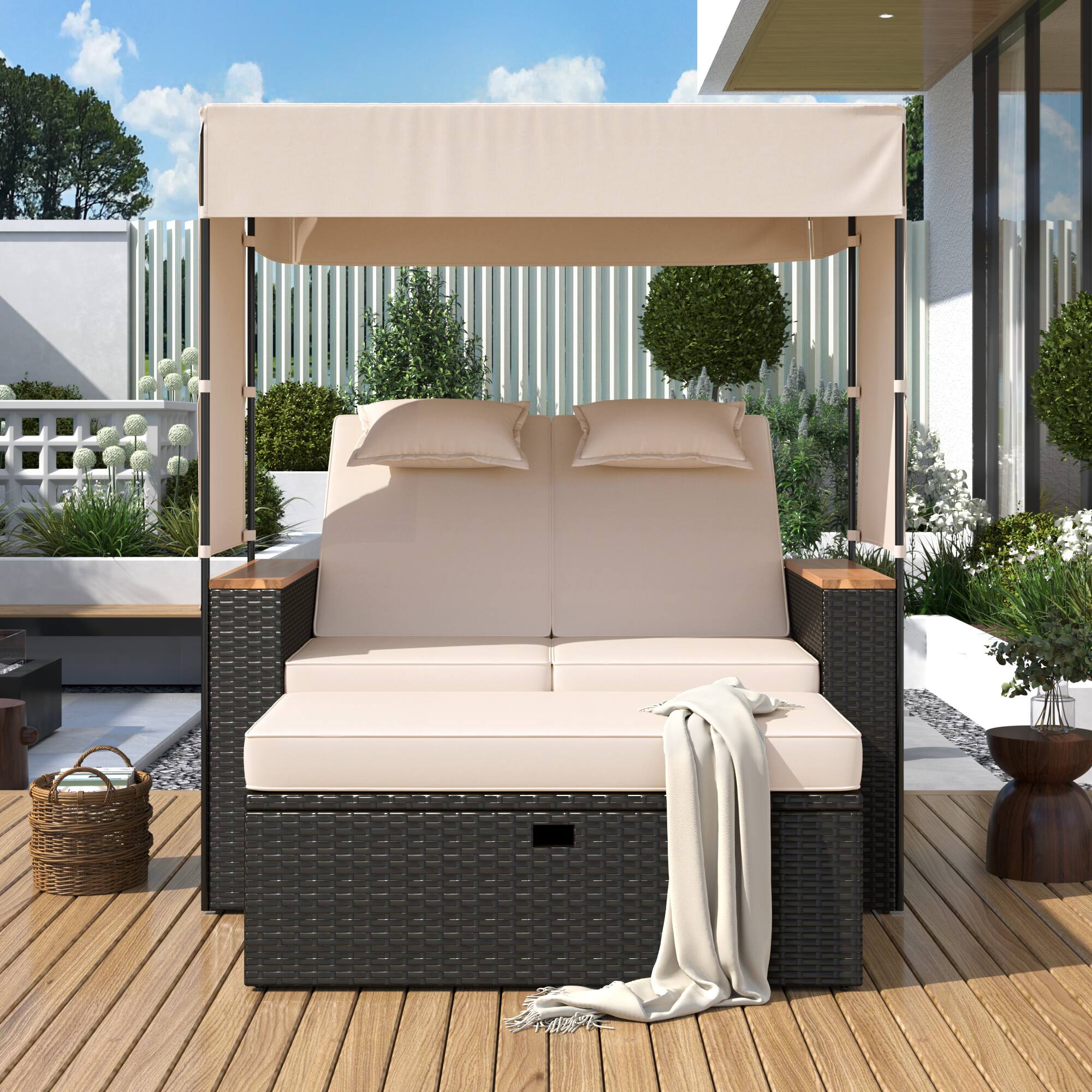Back. Siljoy - TREXM 2-Piece Rattan Daybed, 5-Position Adjustable Outdoor Loveseat with Canopy & Cushions, Brown Wicker + Beige Fabric - Beige.