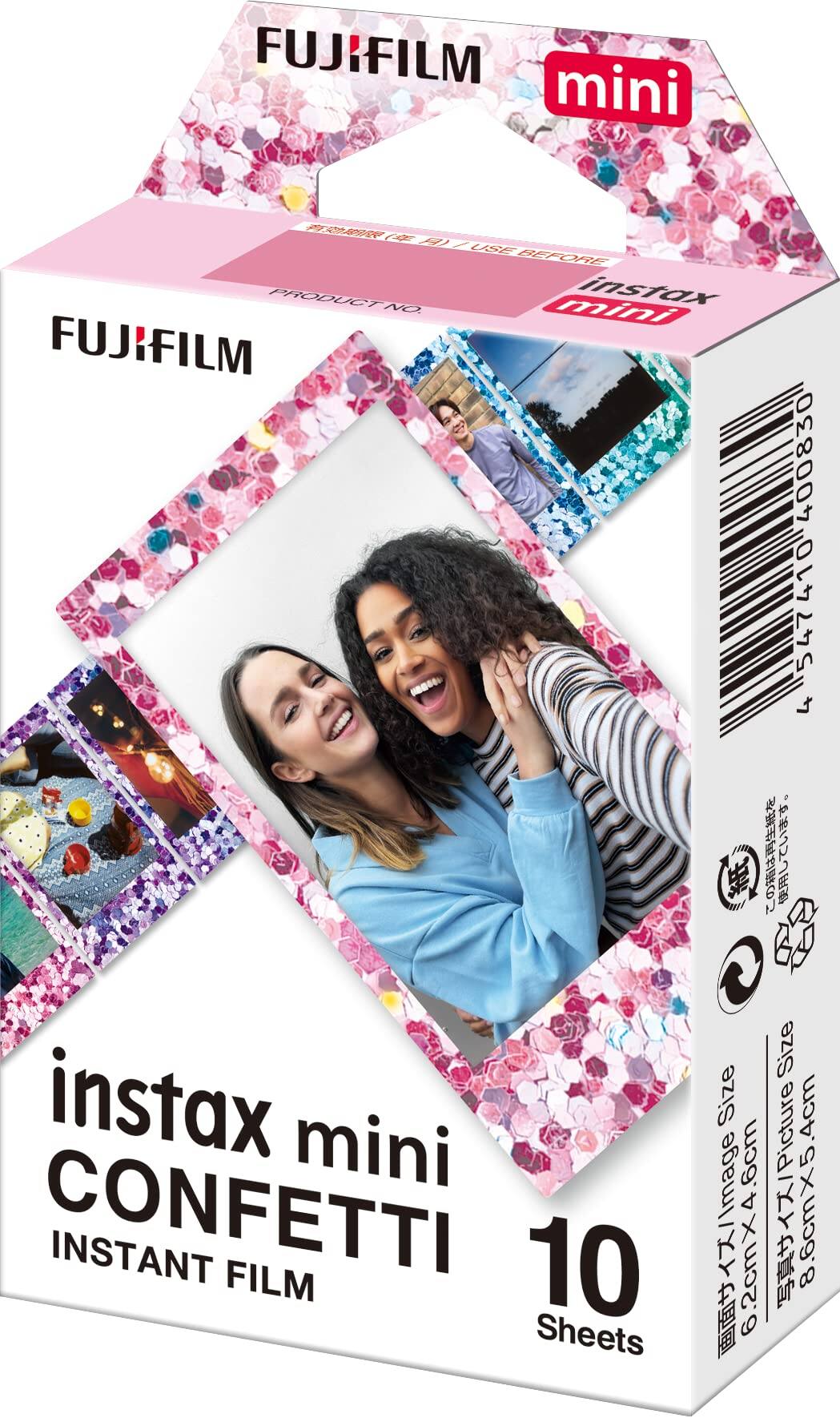 FUJIFILM mini PT (88 I / USE BEFORE)  
PRODUCT NO: 400830  
instax mini CONFETTI INSTANT FILM  
10 Sheets  
Size: 6cm x 4cm (Image Size: 5.4cm x 4.2cm)