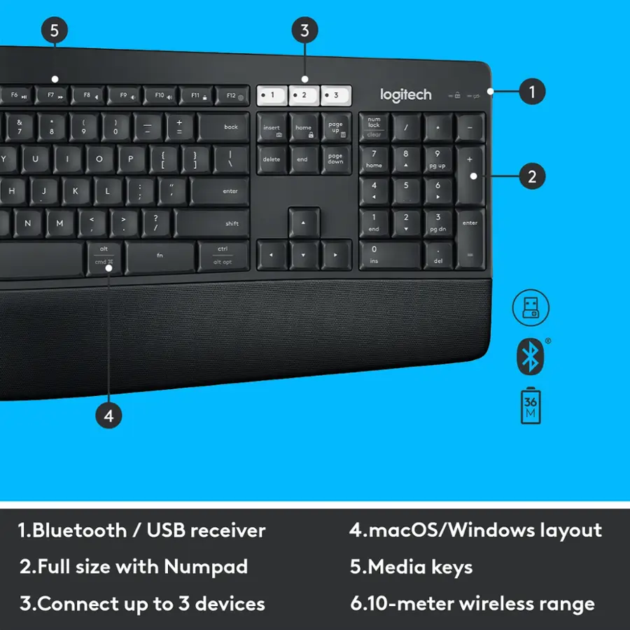 Logitech MK850 Performance Full size Wireless Membrane Keyboard and ...