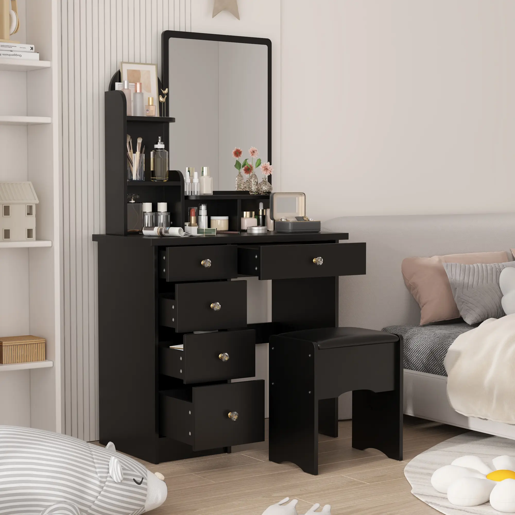 Alt View 9. Famapy - Vanity Table with Stool Organized Dresser Beauty Station for Your Daily Routine - Black.