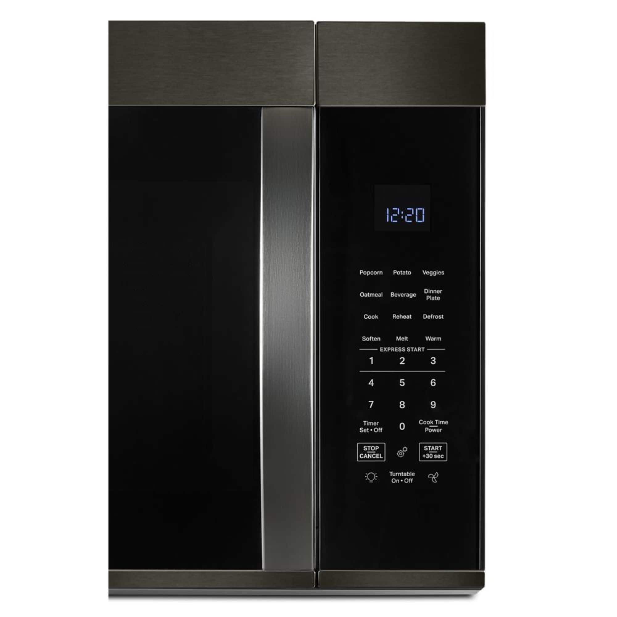 The text on the image reads:
12:20 Popeorn Potato Veggies Dinner Oatmeal Beverage Plate Cook Reheat Defrost Soften Mel Warm EXPRESS START 1 2 3 4 5 6 7 8 6 Timer Set Of 0 Cook Time Power STOP CANCEL START +30 sec Turntable On OFf
The text is a combination of various settings and options for the microwave oven, including the time, cooking options, and timer settings.