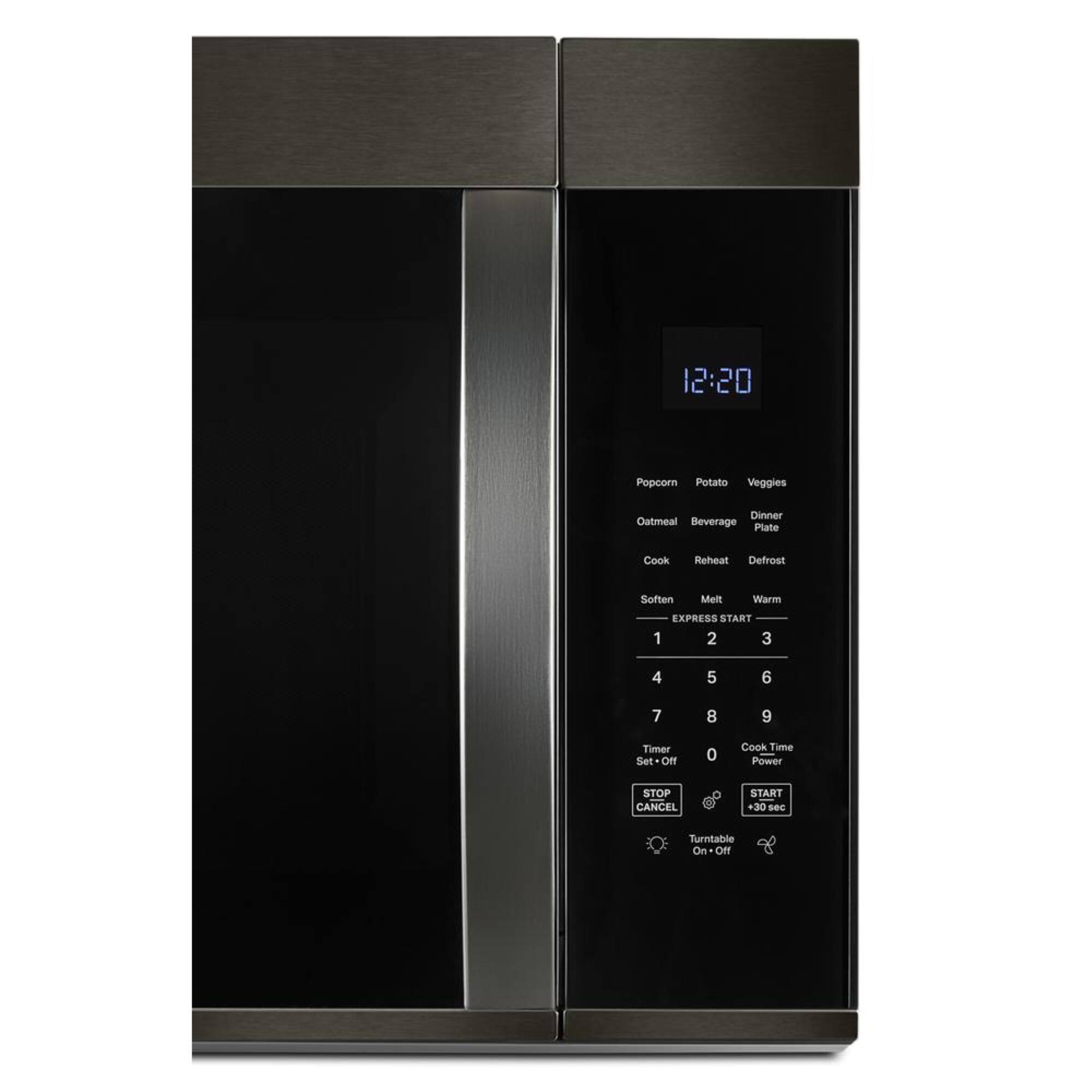 The text on the image reads:

12:20 Popeorn Potato Veggies Dinner Oatmeal Beverage Plate Cook Reheat Defrost Soften Mel Warm EXPRESS START 1 2 3 4 5 6 7 8 6 Timer Set Of 0 Cook Time Power STOP CANCEL START +30 sec Turntable On OFf

The text is a combination of various settings and options for the microwave oven, including the time, cooking options, and timer settings.