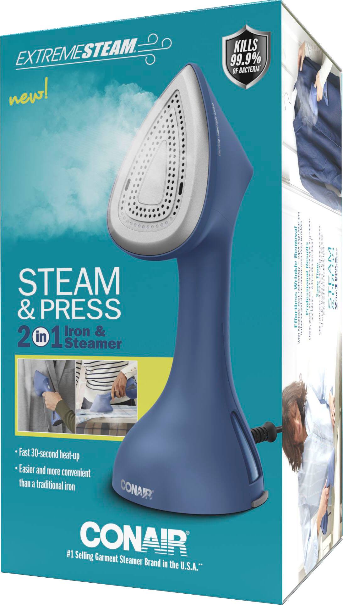 The text on the image is grouped and corrected as follows:

"Introducing the new ExtremeSteam 2 in 1 Iron & Steamer! This innovative product kills 99.9% of bacteria, making it a hygienic and effective solution for ironing and steaming your clothes. The ExtremeSteam 2 in 1 Iron & Steamer is perfect for removing wrinkles and odors, and it's easy to use. With a fast 30-second heat-up time, it's more convenient than a traditional iron. Plus, it's the #1 selling garment steamer brand in the U.S.A.!"