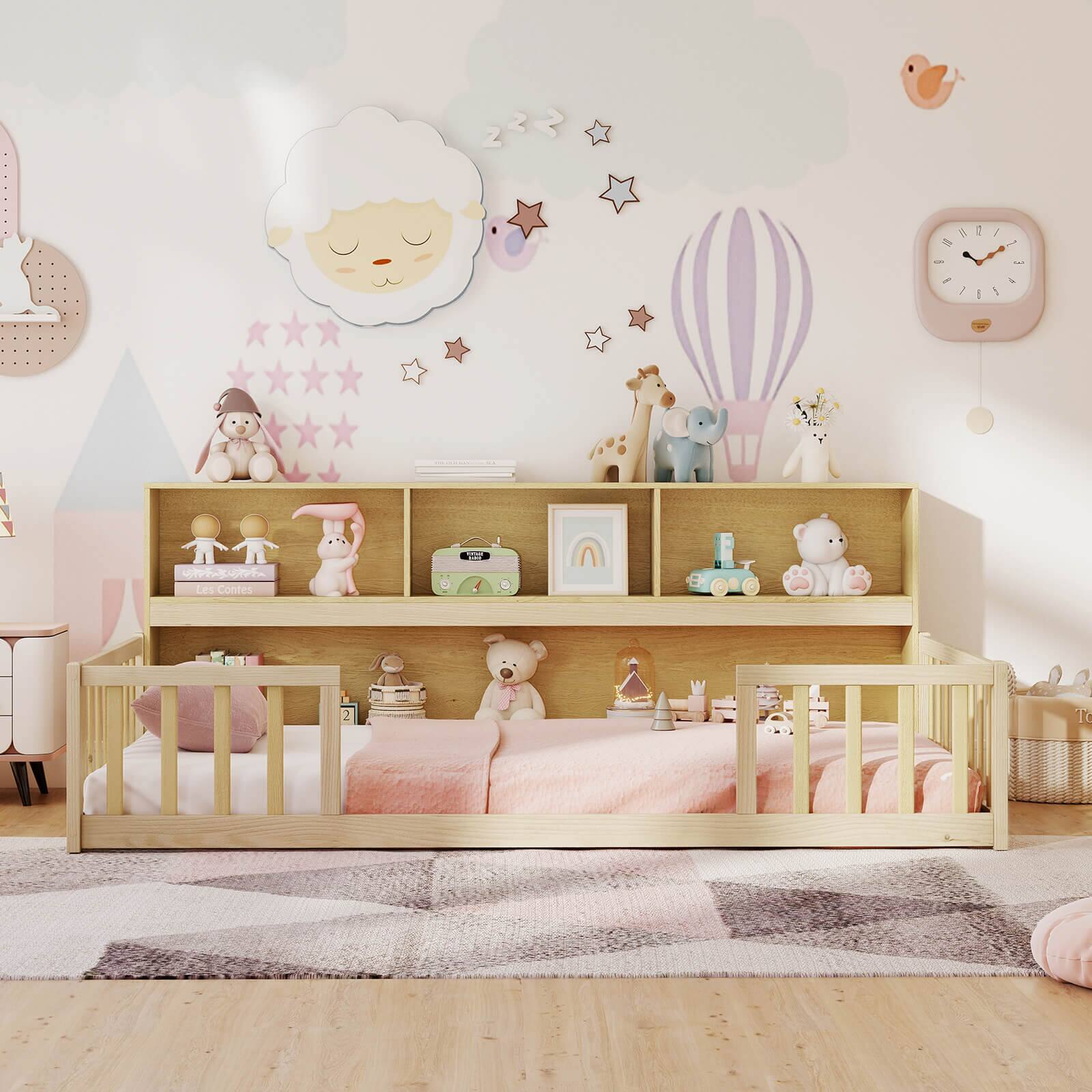 Alt View 3. Costway - Costway Twin Size Montessori Floor Bed with Bookcase Storage Shelves & Safety Fence Rails - Natural.