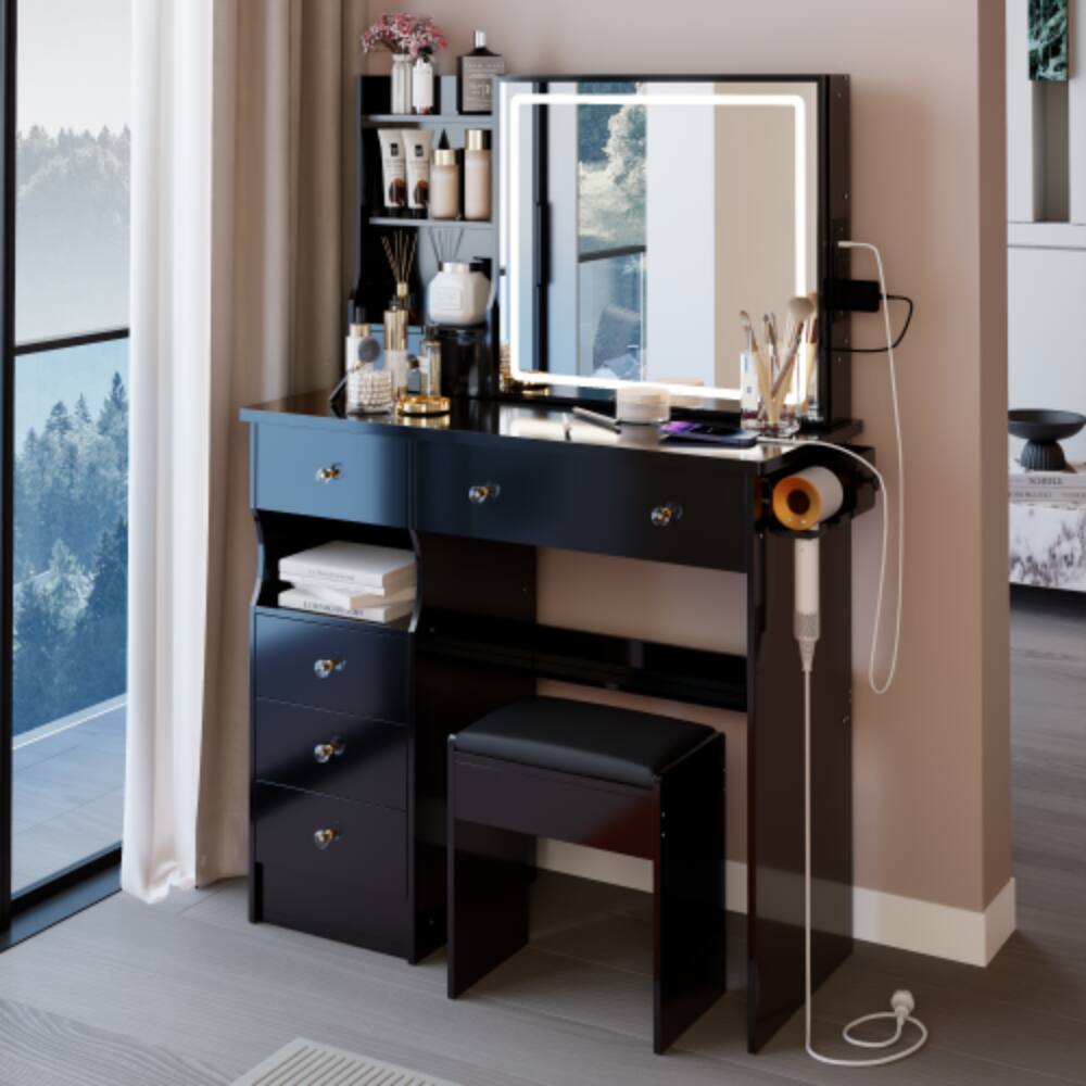 Left. LUCKY ONE - 37in Vanity Set with LED Sliding Mirror, 2AC+2USB, Hair Dryer Stand and Stool for Bedroom - Black.