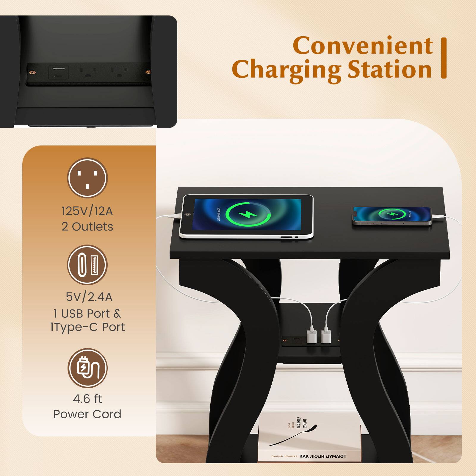 Convenient Charging Station

125V/12A  
2 Outlets

5V/2.4A  
1 USB Port & 1 Type-C Port

4.6 ft Power Cord