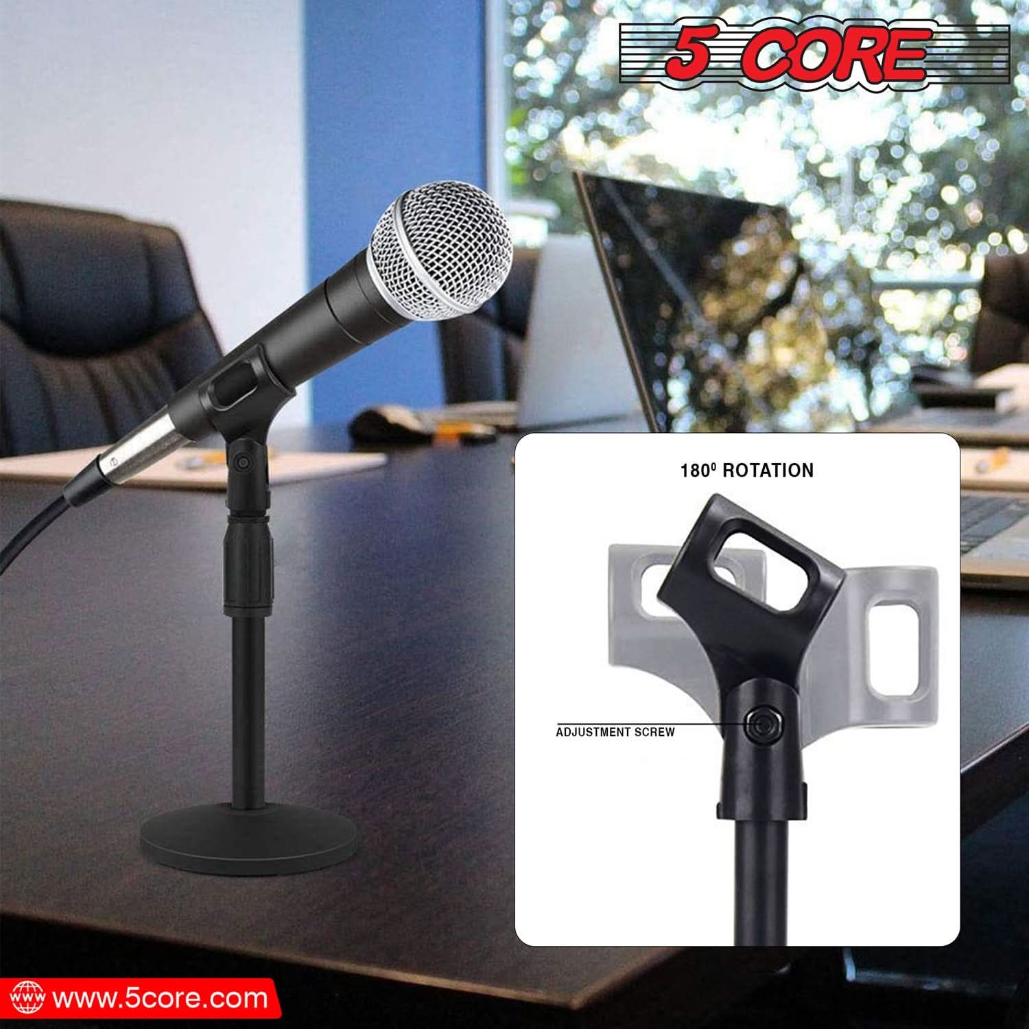 The text in the image can be grouped and corrected as follows:

- **Product Name:** 5 Core
- **Feature:** 180° Rotation Adjustment Screw
- **Website:** www.5core.com

This text highlights the key features and branding of the microphone stand.