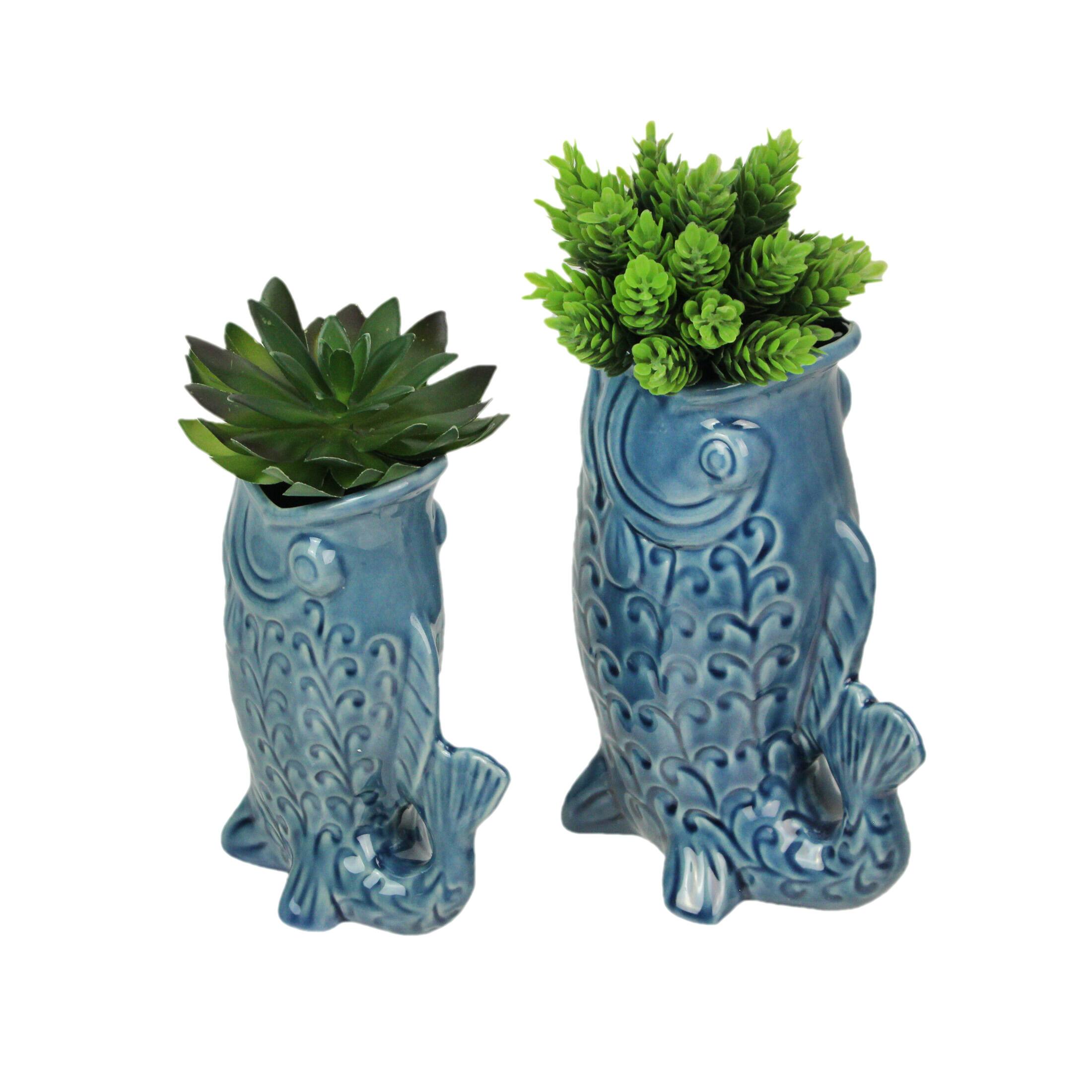 Alt View 6. Zeckos - Blue Fish Decorative Vases Set of 2 Glossy Ceramic Coastal Tabletop - Blue.
