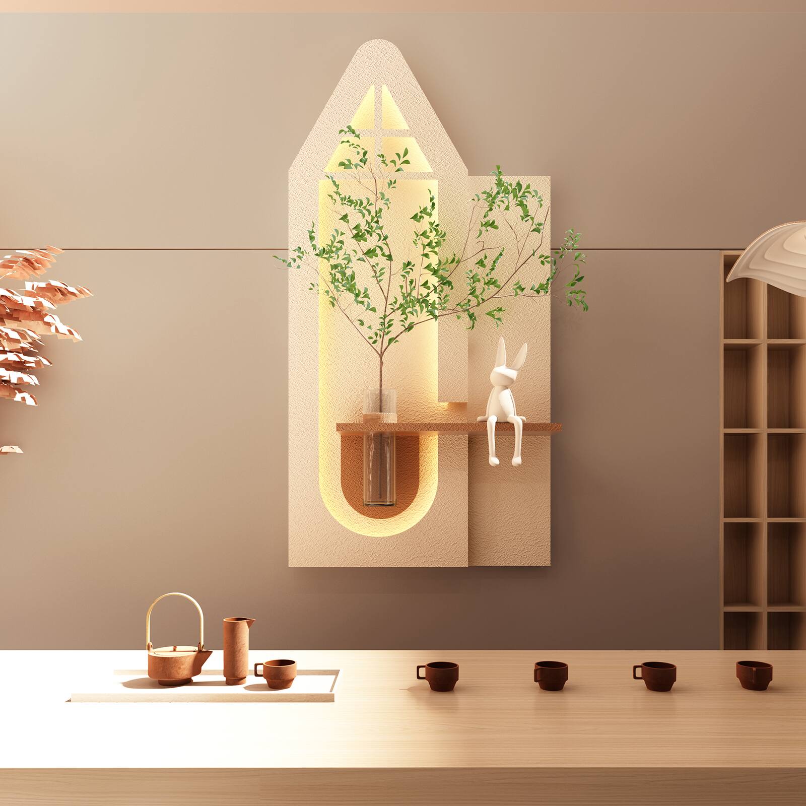 Front. Chateau Abodes - LED 3D Sandstone Wall Decor with Glass Vase, Remote Control & Adjustable Color Lights for Living Room, Bedroom - D - 23.62" x 47.24".