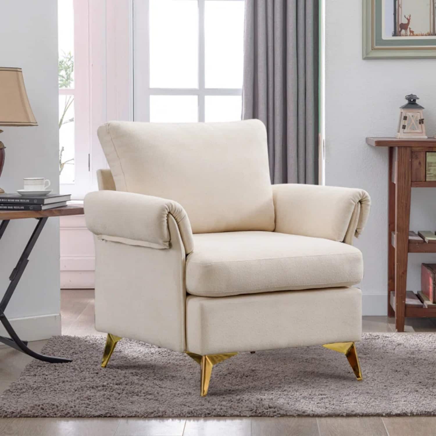 Front. Bestier - Linen Arm Chair with Tufted Cushion and Lumbar Pillow - 31.1" Wide - Beige.