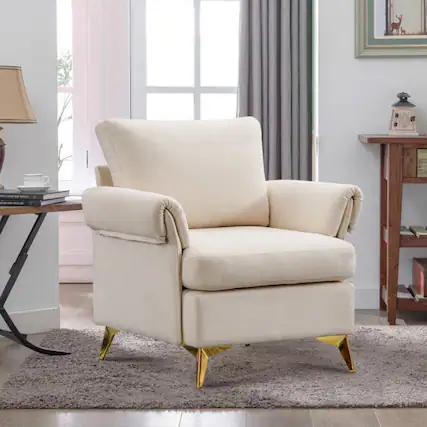 Front. Bestier - Linen Arm Chair with Tufted Cushion and Lumbar Pillow - 31.1" Wide - Beige.