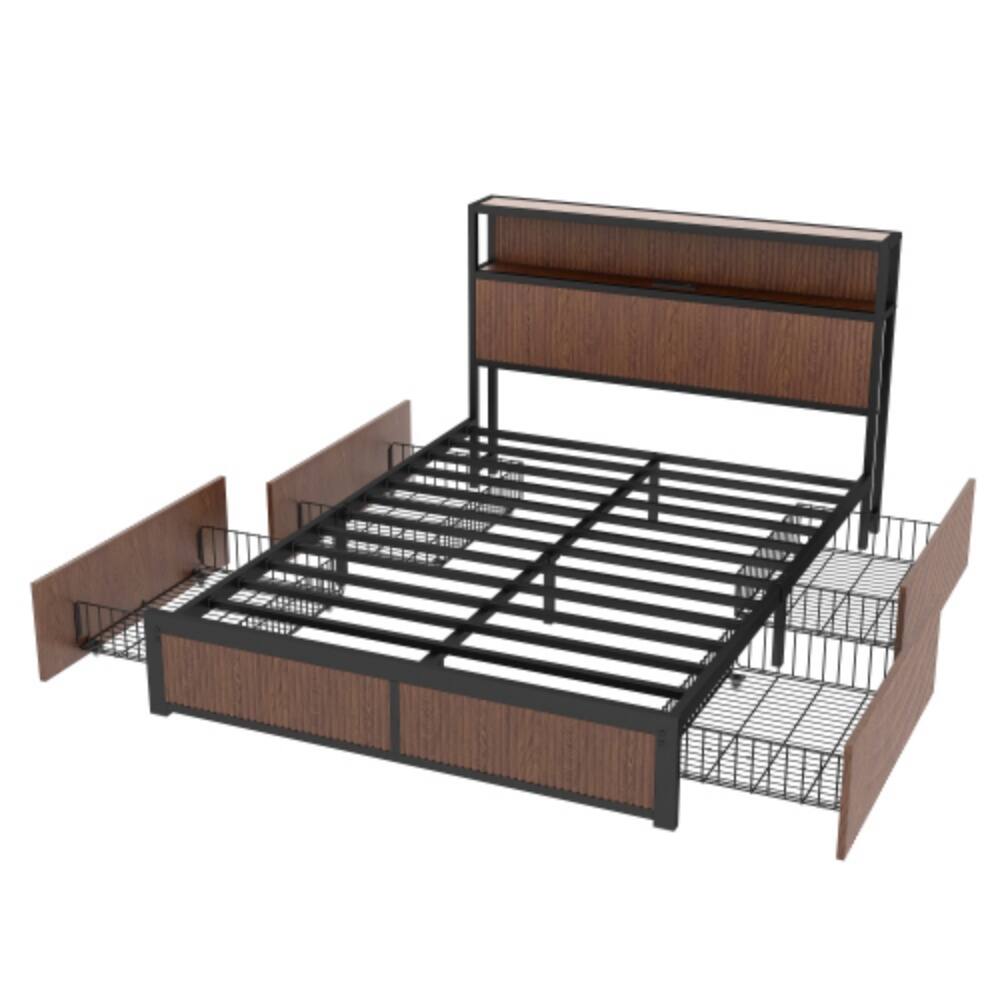 Alt View 2. LUCKY ONE - Queen Size Wooden Platform Bed Frame with Multiple Drawers Storage, USB Socket, Raised Pattern Headboard - Natural Wood.