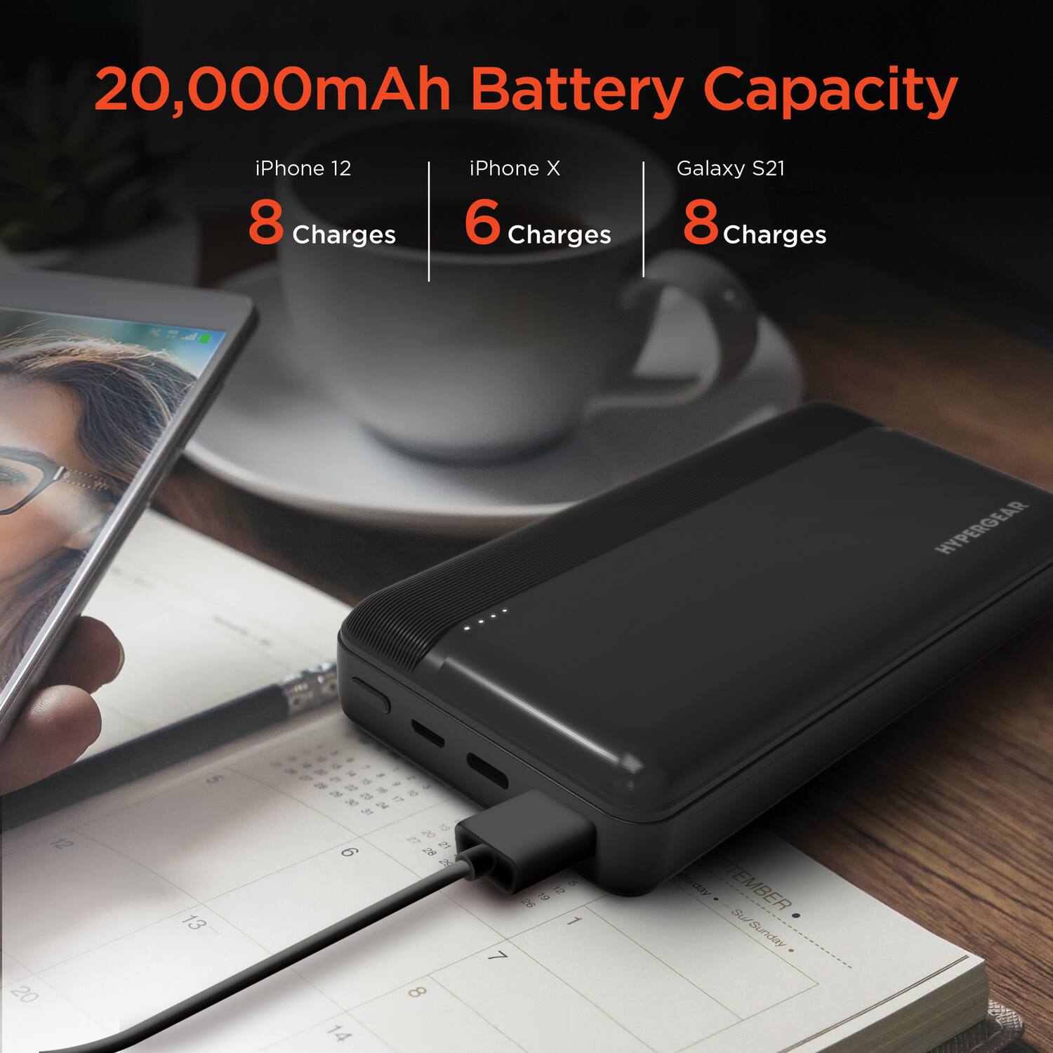 20,000mAh Battery Capacity

- iPhone 12: 8 Charges
- iPhone X: 6 Charges
- Galaxy S21: 8 Charges

HYPERGEAR