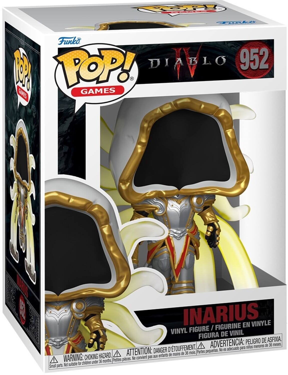 Sure, here is the corrected and grouped text from the image:

---

**Funko POP! GAMES**

**DIABLO 952**

**INARIUS**

VINYL FIGURE / FIGURINE EN VINYLE / FIGURA DE VINIL

**WARNING: CHOKING HAZARD.**  
Small parts. Not suitable for children under 36 months.

**ATTENTION: DANGER D'ÉTOUFFEMENT.**  
Petites pièces. Ne convient pas aux enfants de moins de 36 mois.

**ADVERTENCIA: PEIGRO DE ASFIXIA.**  
Partes pequeñas. No es adecuado para niños menores de 36 meses.

---

This text is organized to reflect the information on the packaging accurately.