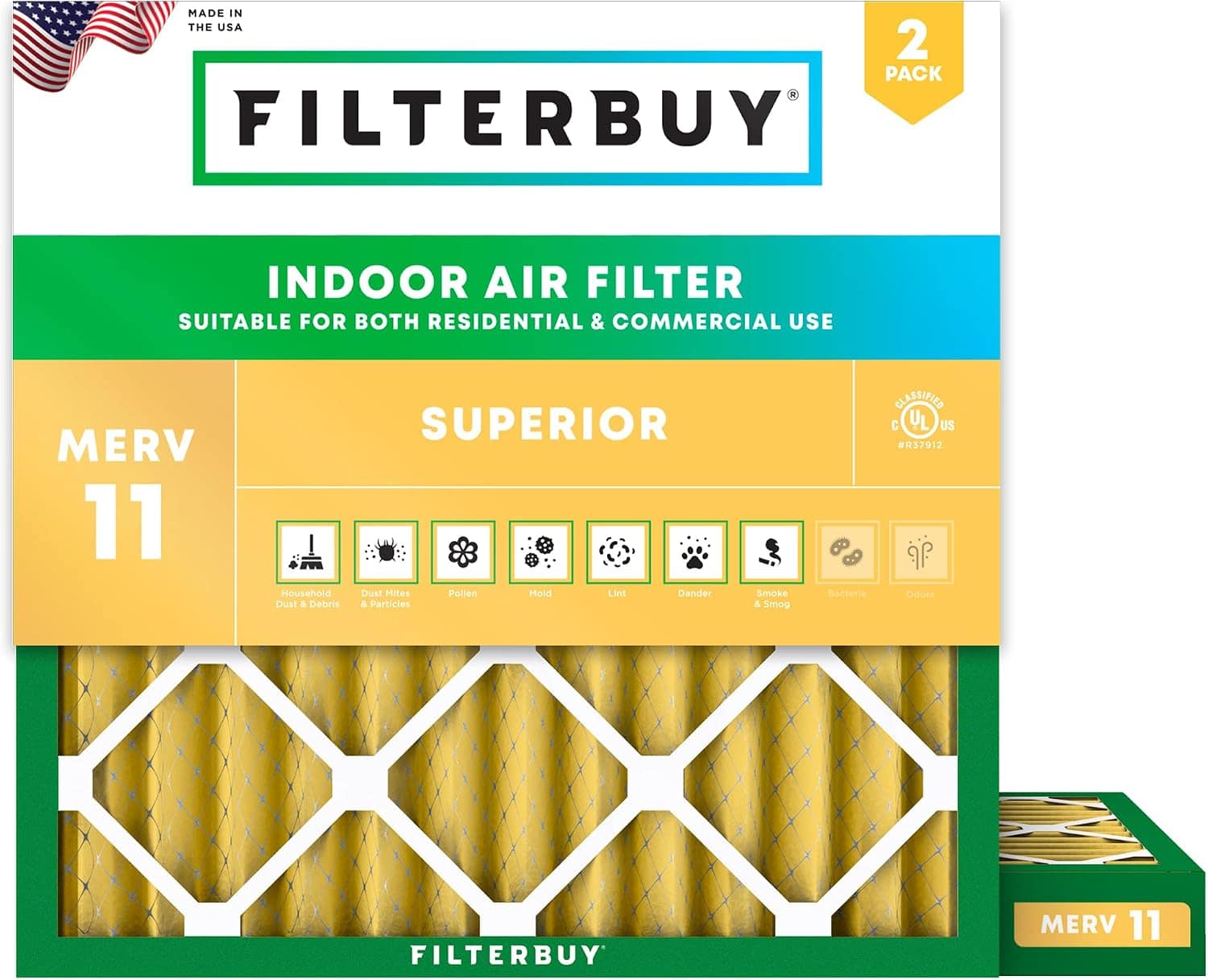 Filterbuy - 10x10x2 MERV 11 Pet & Allergy Defense, Electrostatic Pleated HVAC AC Furnace Air Filters Replacement (2-Pack) - Gold