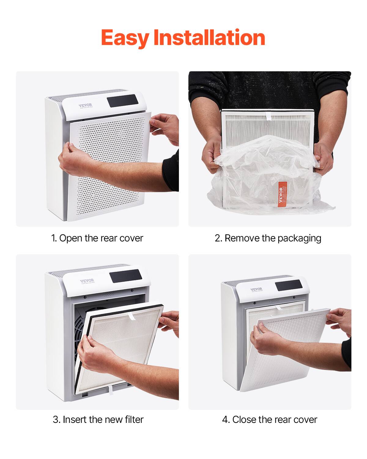 Easy Installation

1. Open the rear cover

2. Remove the packaging

3. Insert the new filter

4. Close the rear cover