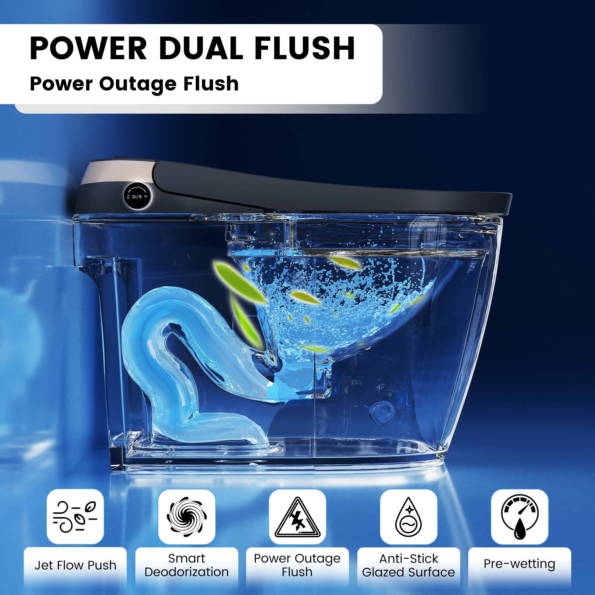POWER DUAL FLUSH  
Power Outage Flush  

- Jet Flow Push  
- Smart Deodorization  
- Power Outage Flush  
- Anti-Stick Glazed Surface  
- Pre-wetting