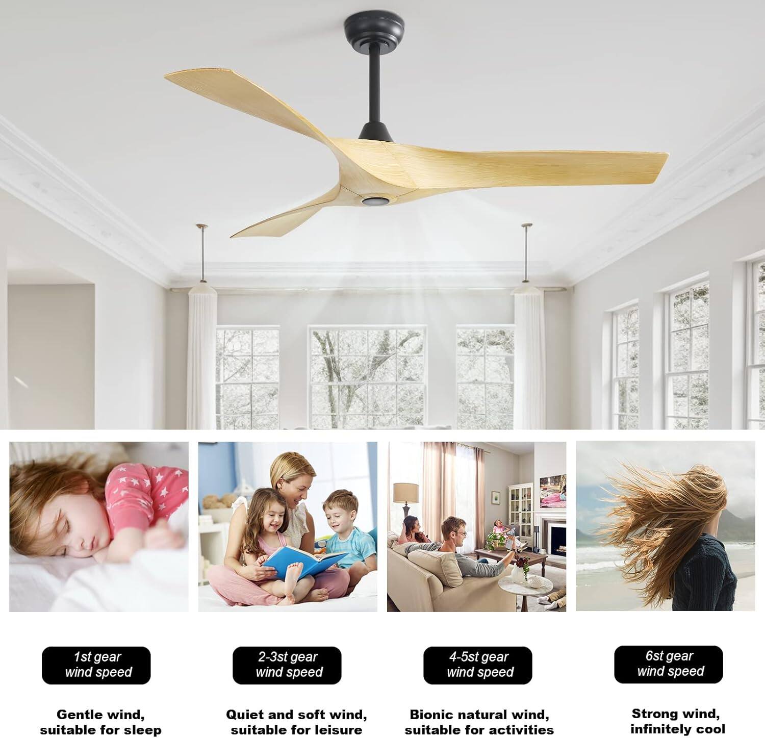 1st gear wind speed: Gentle wind, suitable for sleep  
2-3st gear wind speed: Quiet and soft wind, suitable for leisure  
4-5st gear wind speed: Bionic natural wind, suitable for activities  
6st gear wind speed: Strong wind, infinitely cool