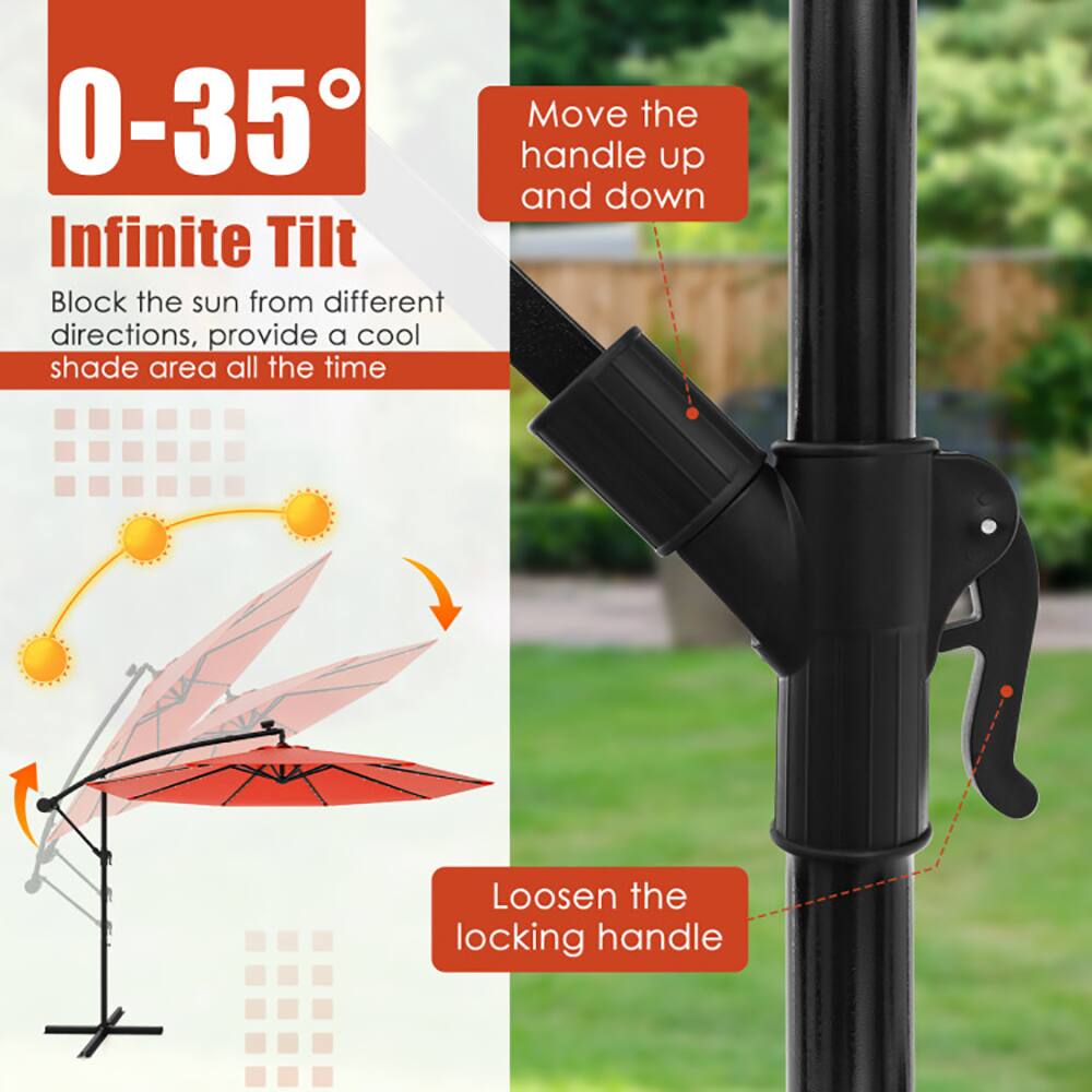 0-35° Infinite Tilt  
Block the sun from different directions, provide a cool shade area all the time  

Move the handle up and down  
Loosen the locking handle