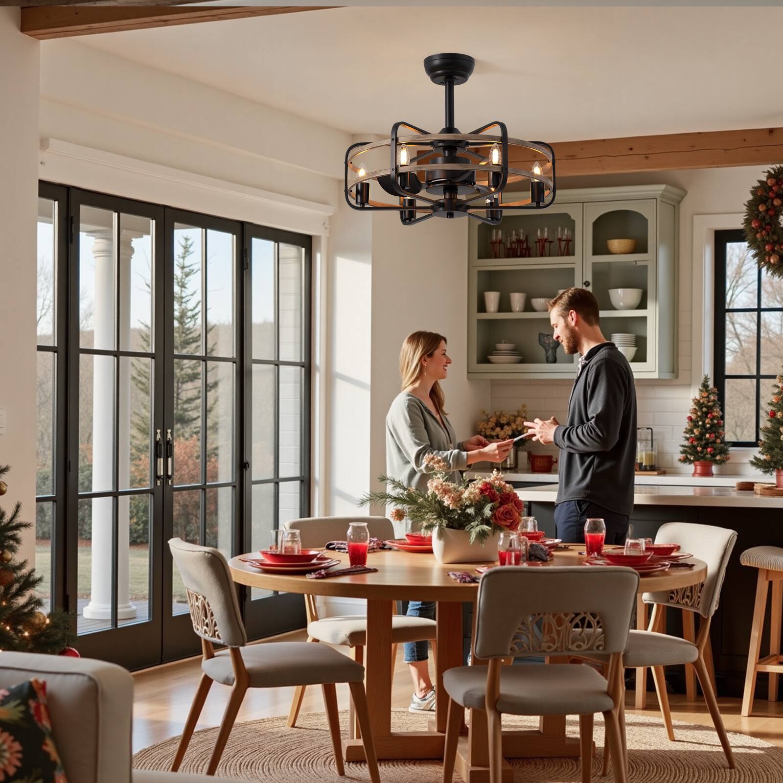 Back. Siljoy - 24 Inch Farmhouse Ceiling Fan Light 6-Candle Gray Brown Wood Industrial Chandelier Fan for Bedroom Dining Room Foyer - gray-brown wood grain.