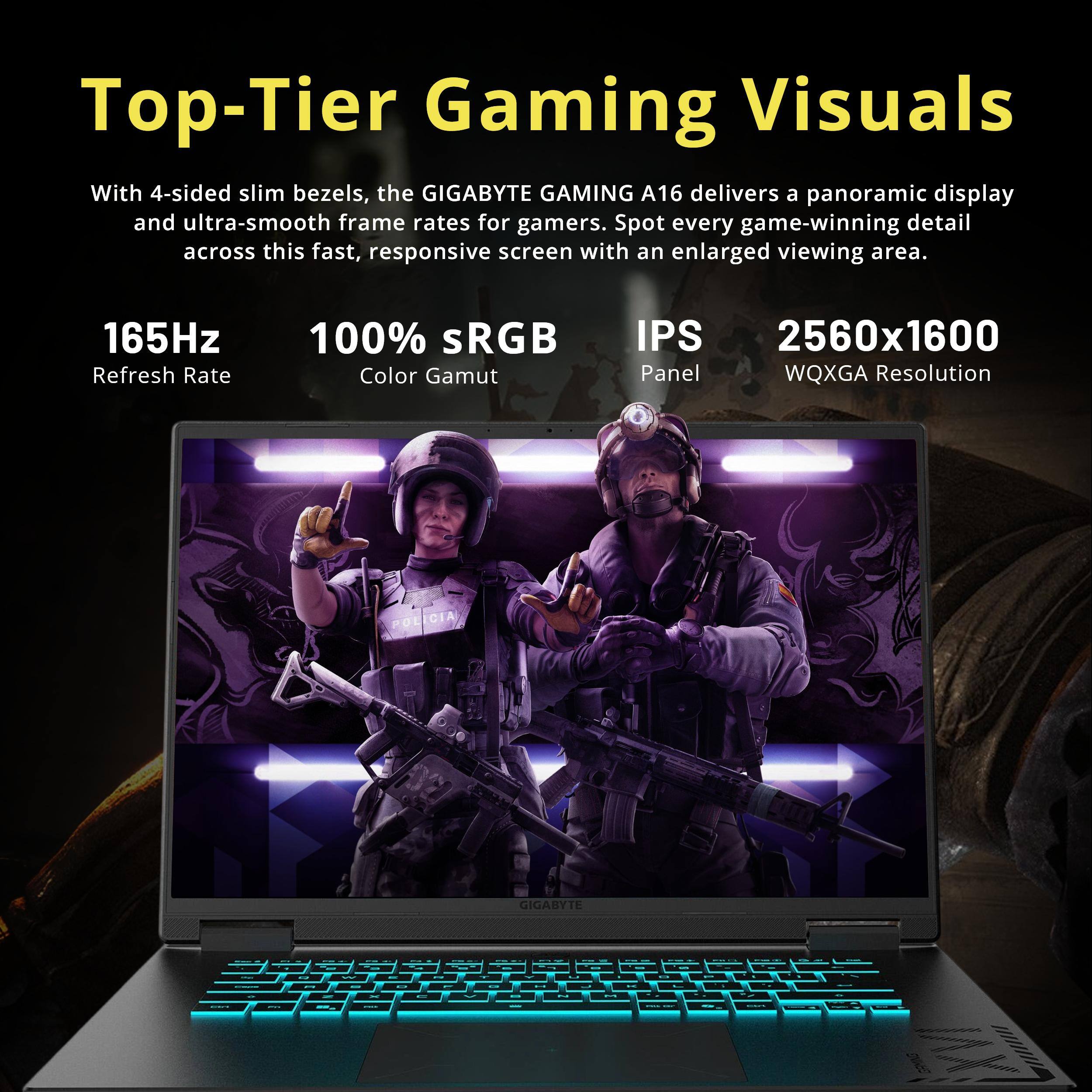 Top-Tier Gaming Visuals

With 4-sided slim bezels, the GIGABYTE GAMING A16 delivers a panoramic display and ultra-smooth frame rates for gamers. Spot every game-winning detail across this fast, responsive screen with an enlarged viewing area.

165Hz Refresh Rate
100% sRGB Color Gamut
IPS 2560x1600 Panel WQXGA Resolution

POLICIA
GIGABYTE