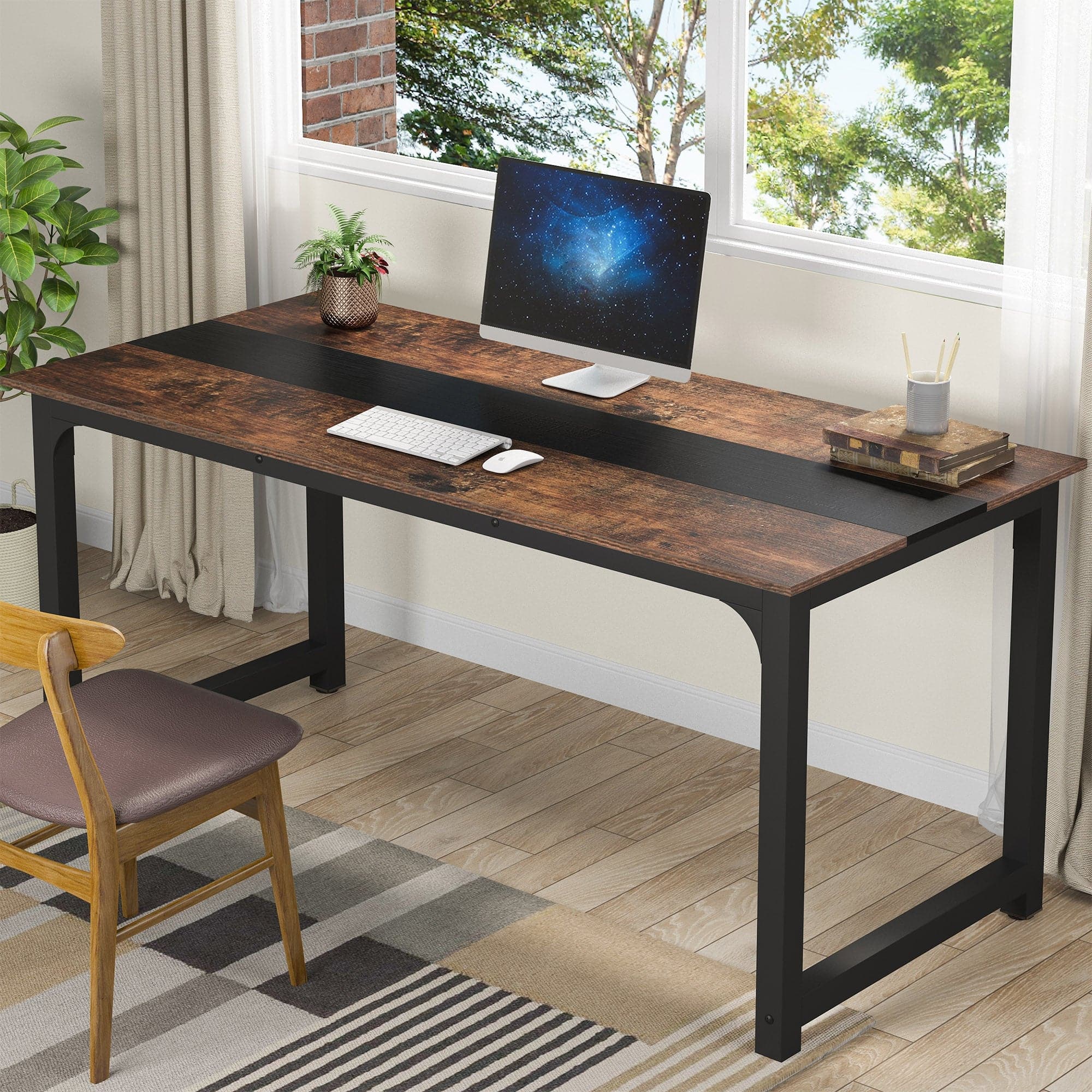 Tribesigns - Office Computer Desk with Metal Frame, for Computer Work, Writing and Study in Home Offices - Brown