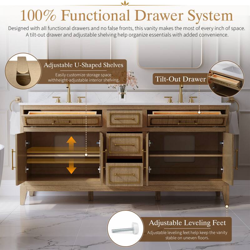 100% Functional Drawer System

Designed with all functional drawers and no false fronts, this vanity makes the most of every inch of space. A tilt-out drawer and adjustable shelving help organize essentials with added convenience.

Adjustable U-Shaped Shelves
Easily customize storage space with height-adjustable interior shelving.

Tilt-Out Drawer

Adjustable Leveling Feet
Adjustable leveling feet help keep the vanity stable on uneven floors.