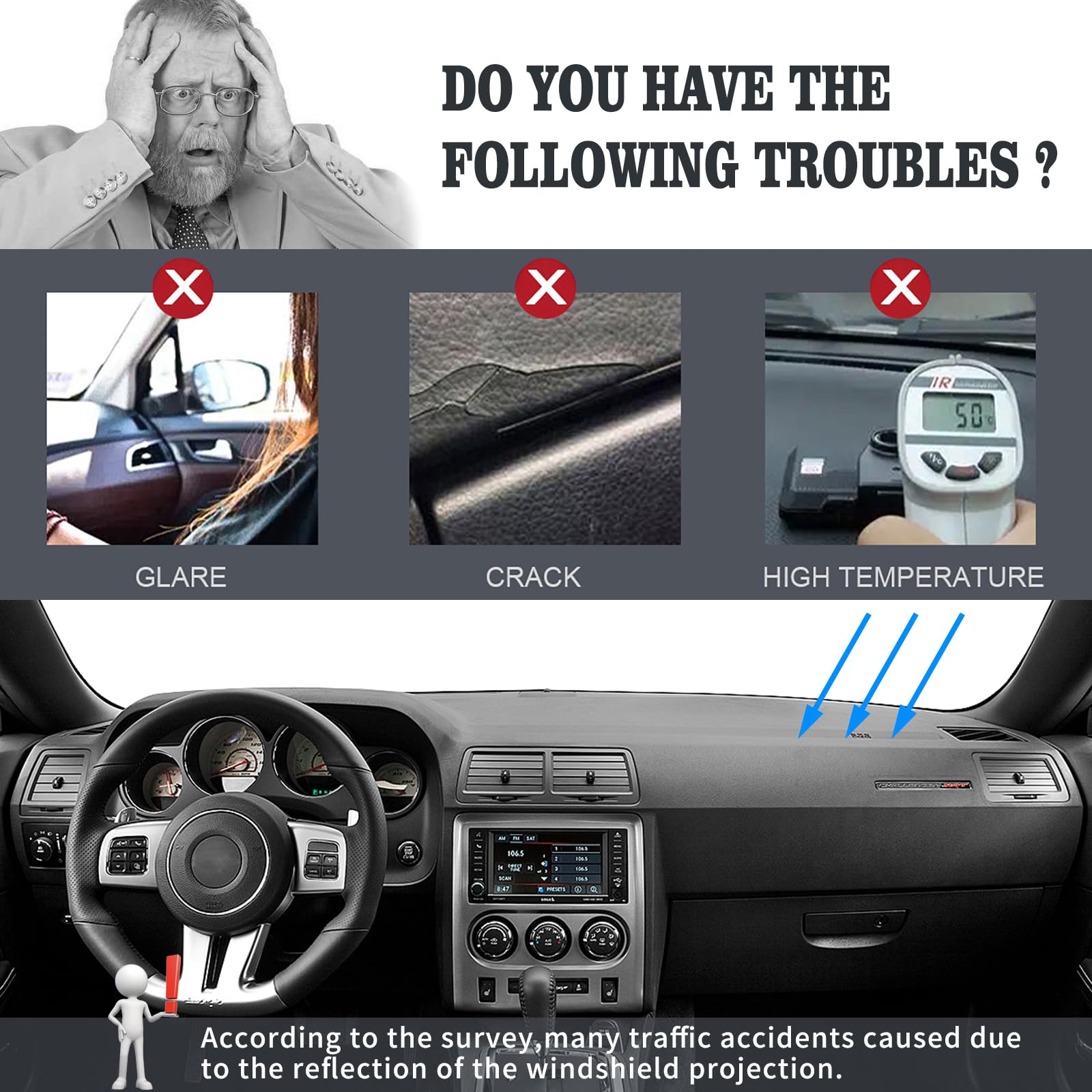 DO YOU HAVE THE FOLLOWING TROUBLES?

- GLARE
- CRACK
- HIGH TEMPERATURE

According to the survey, many traffic accidents caused due to the reflection of the windshield projection.
