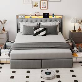 Anysun - Queen Size Upholstered Bed Frame with RGB LED Lights & Charging Station, Storage Headboard and Underbed Drawers - Gray