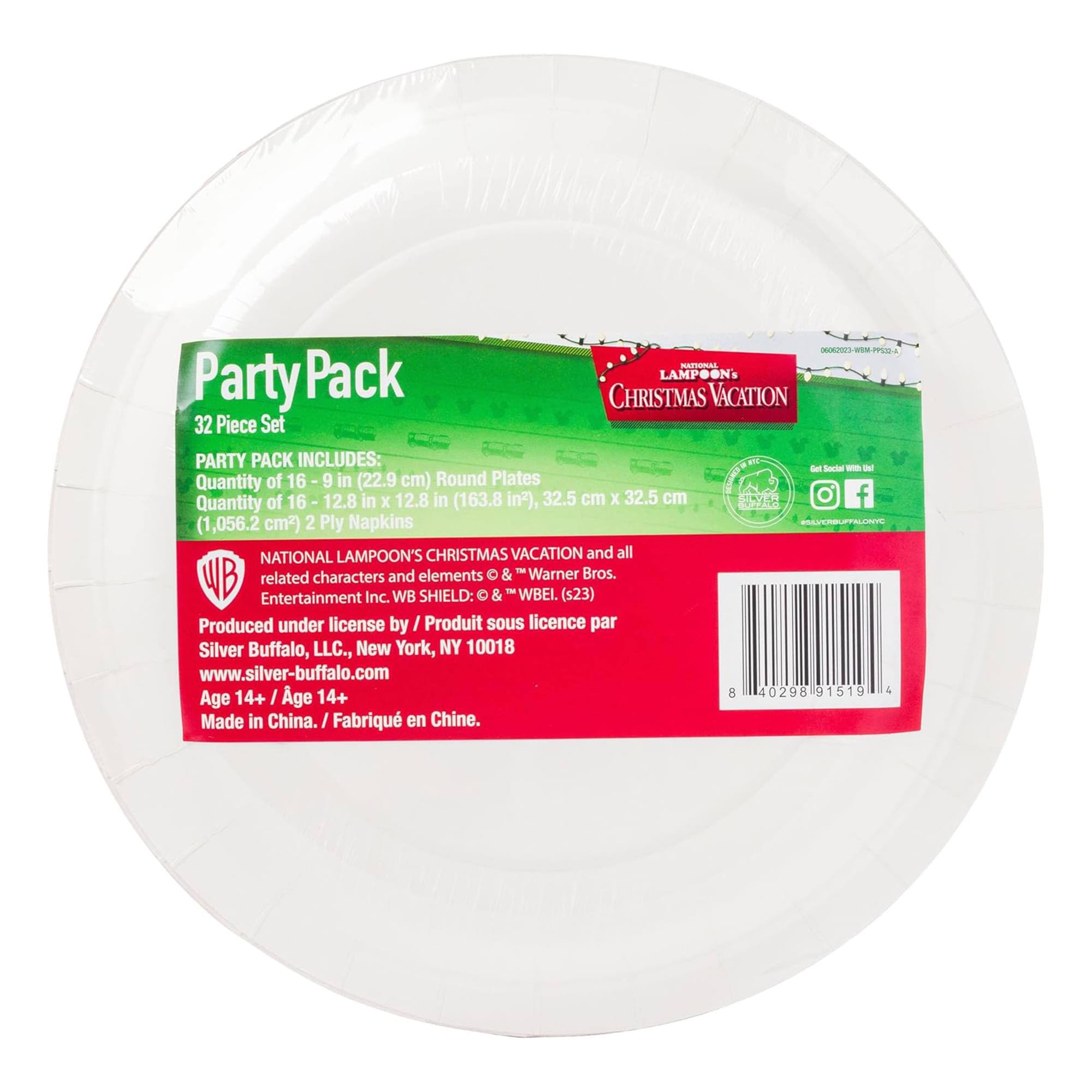 **Party Pack**

**32 Piece Set**

**PARTY PACK INCLUDES:**
- Quantity of 16 - 9 in (22.9 cm) Round Plates
- Quantity of 16 - 12.8 in x 12.8 in (163.8 in², 32.5 cm x 32.5 cm) 2 Ply Napkins

**NATIONAL LAMPOON'S CHRISTMAS VACATION and all WB related characters and elements © & ™ Warner Bros. Entertainment Inc. WB SHIELD: © & ™ WBEI. (s23)**

Produced under license by / Produit sous licence par Silver Buffalo, LLC., New York, NY 10018  
www.silver-buffalo.com

Age 14+ / Age 14+  
Made in China. / Fabriqué en Chine.

**NATIONAL LAMPOON'S CHRISTMAS VACATION**

Get Social With Us!  
[Facebook Icon] [Instagram Icon]  
@NATIONALLAMPOONCHRISTMASVACATION

**EL. (s23)**  
**EL. par**

**4029