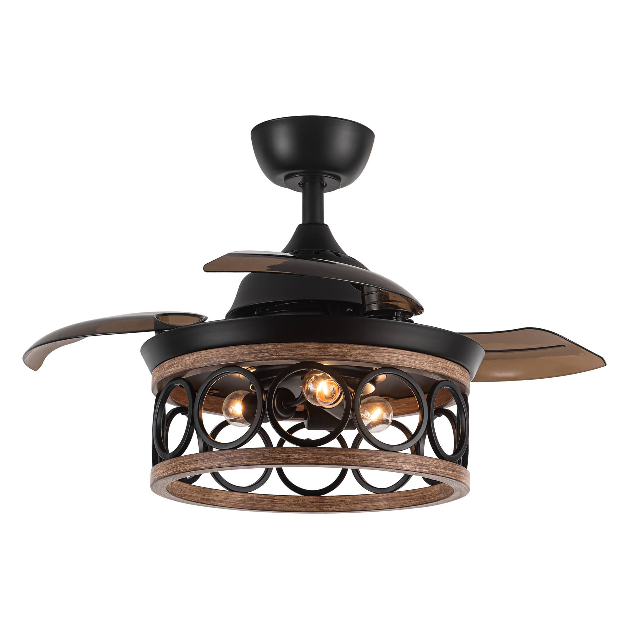 Parrot Uncle - 36" Metal Retractable 3-Blade Ceiling Fan Chandelier with Wall Switch - Matte Black