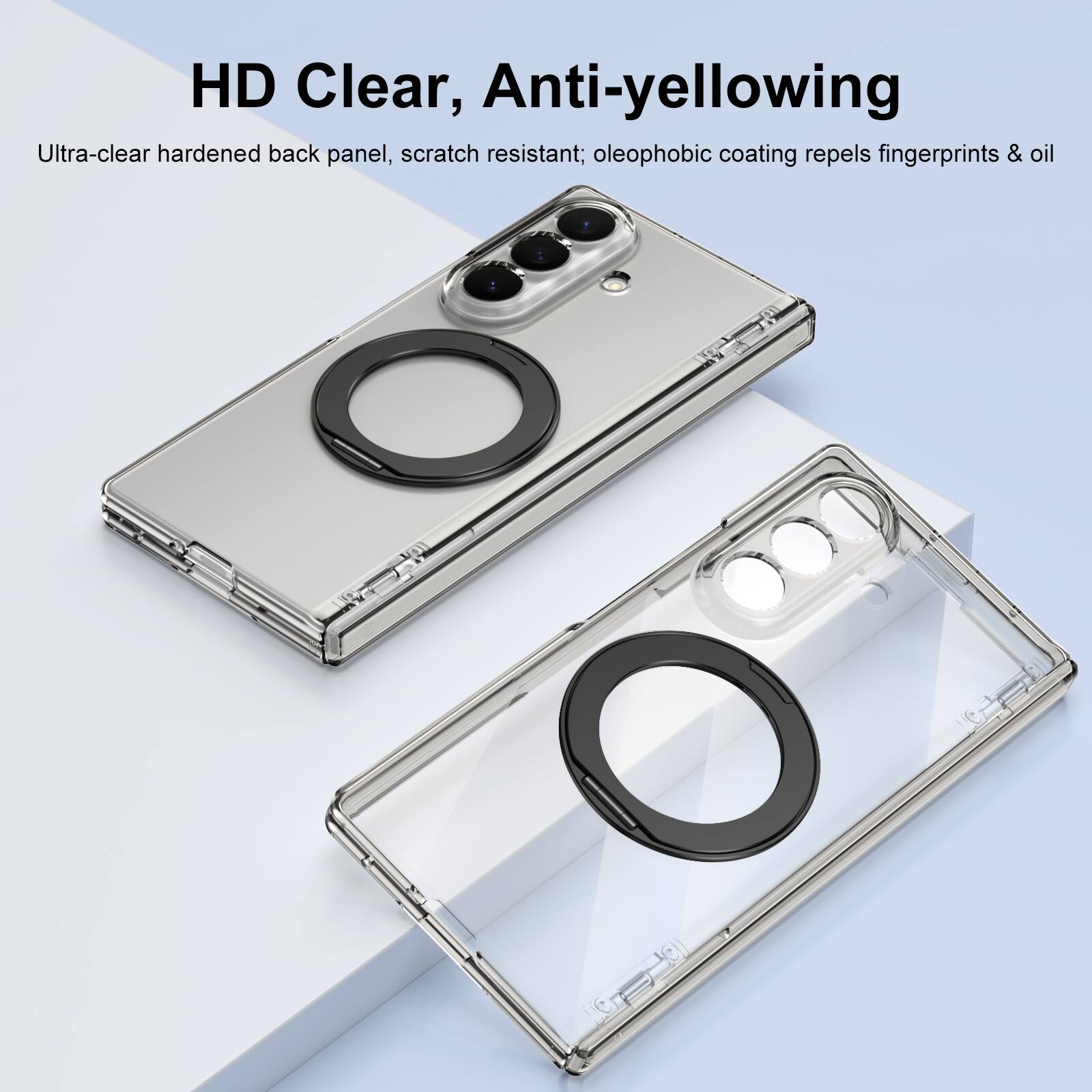 HD Clear, Anti-yellowing  
Ultra-clear hardened back panel, scratch resistant; oleophobic coating repels fingerprints & oil