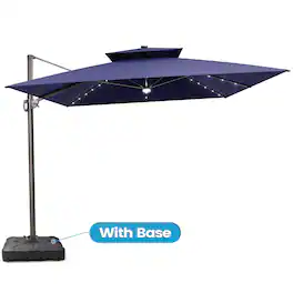 Crestlive Products - 11x11ft Aluminum Cantilever Patio Umbrella with Lights with Base - Navy blue