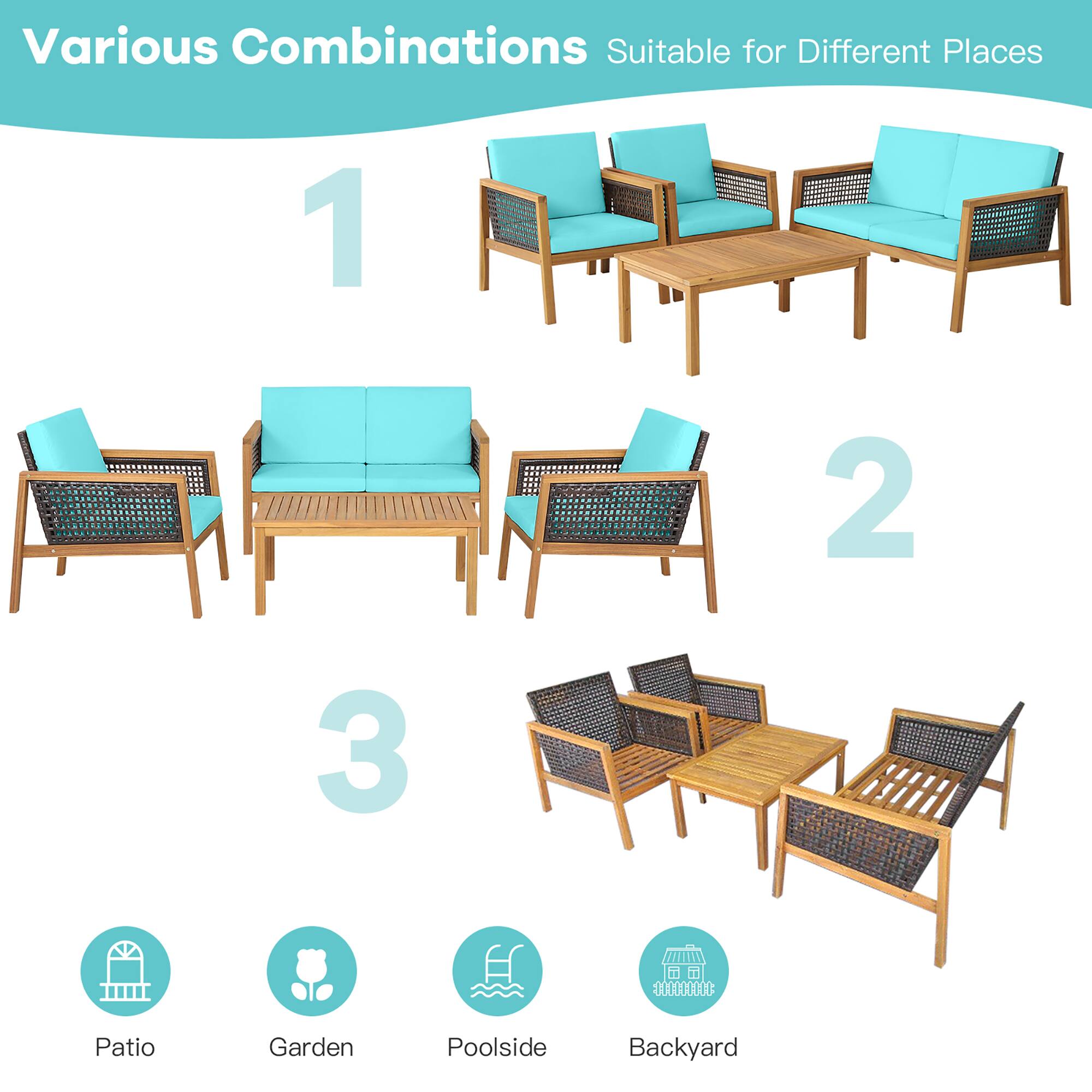 Various Combinations Suitable for Different Places

1. Patio
2. Garden
3. Poolside
4. Backyard