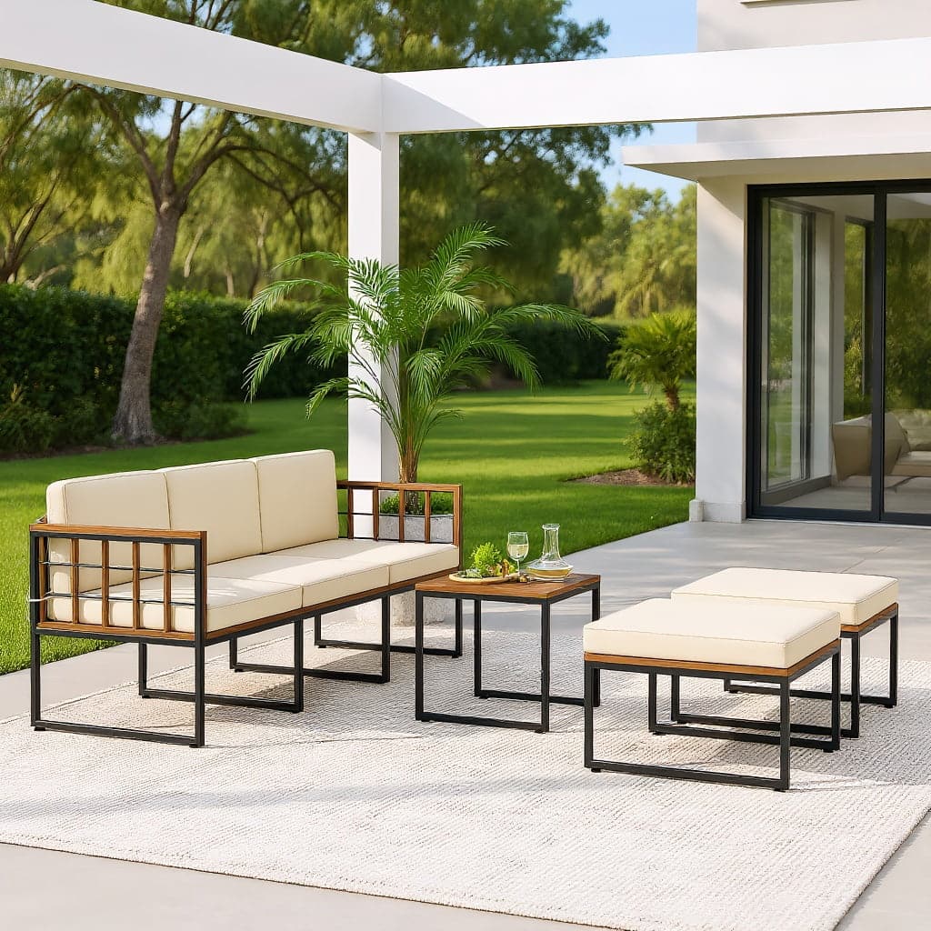 Kadyn - 6 Pieces Acacia Wood Patio Furniture SetAcacia Wood Chair Set, Small Patio Conversation Furniture Set with Coffee Table - Beige