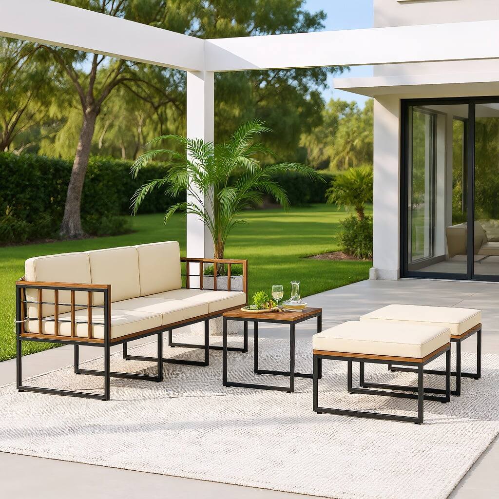 Front. Kadyn - 6 Pieces Acacia Wood Patio Furniture SetAcacia Wood Chair Set, Small Patio Conversation Furniture Set with Coffee Table - Beige.