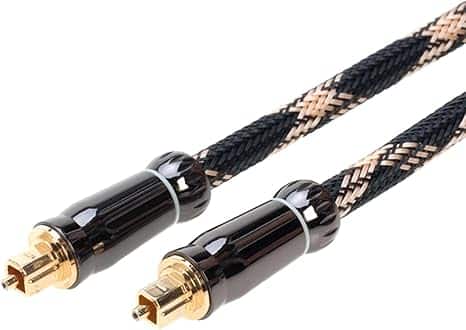 Cables Direct Online - 12ft Premium Toslink Optical Audio Cable – SPDIF Digital Fiber Optic Sound Cord – Braided Mesh - Black/Gold