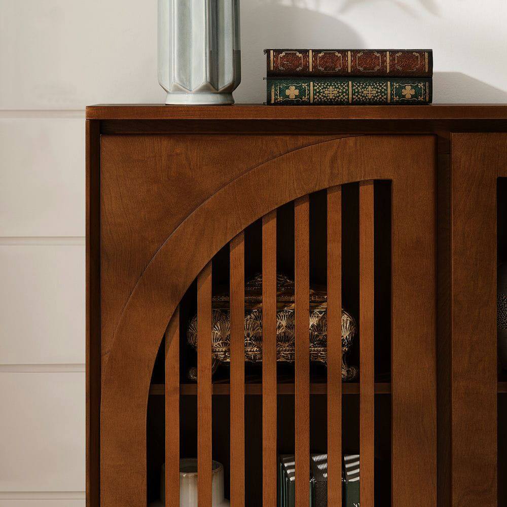 Left. Kadyn - Narrow Fluted Sideboard Cabinet with Electrical Outlets - Walnut - Brown.
