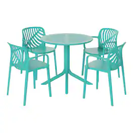 WestinTrends - Playa 5-Piece Outdoor Resin Round Patio Dining Table Set with Modern Stackable Patio Dining Chairs - Turquoise
