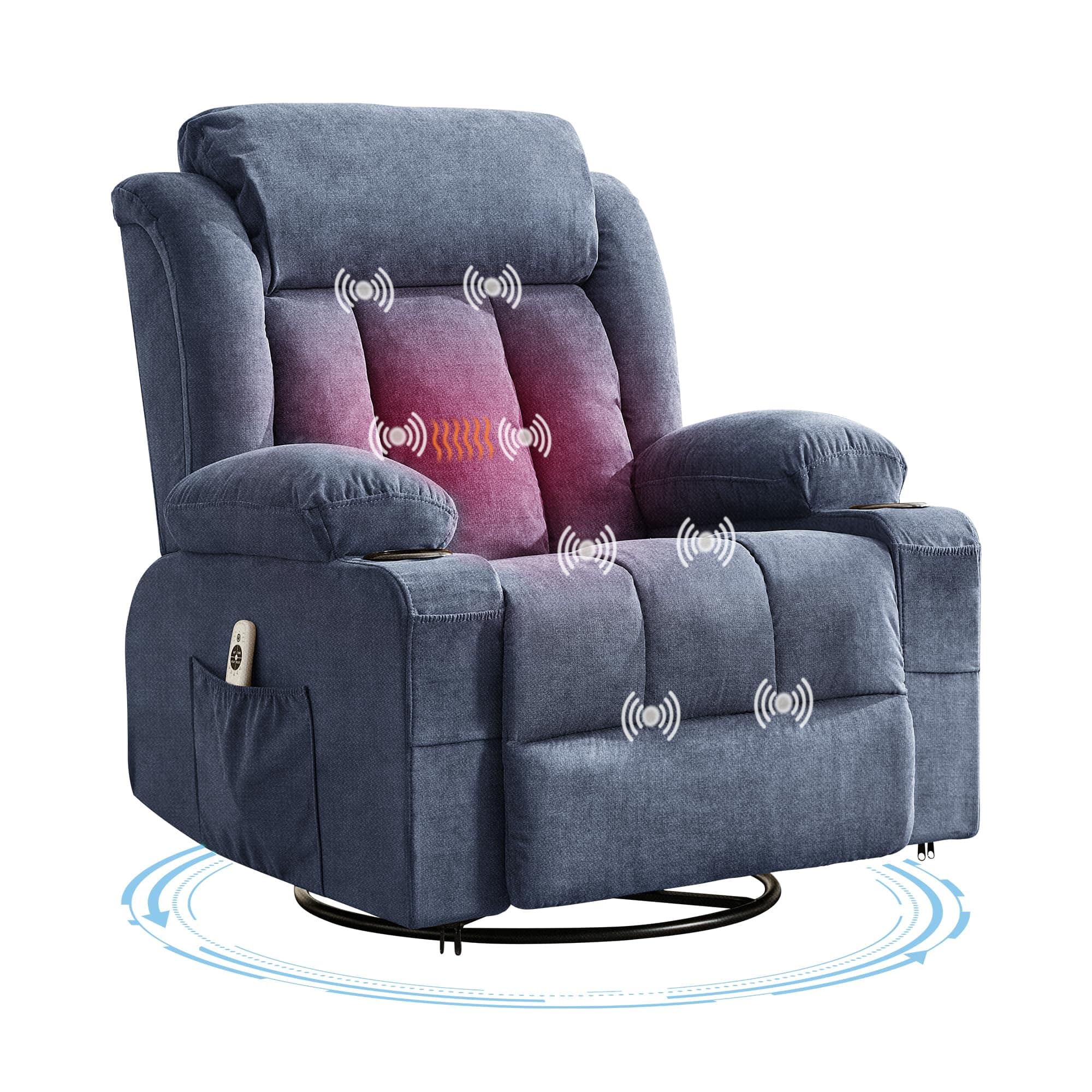 Acekool - 360° Swivel Rocker Recliner Chair with Heat and Massage, Widen Overstuffed Oversize Sofa Lounge Chair with USB Charging - Blue