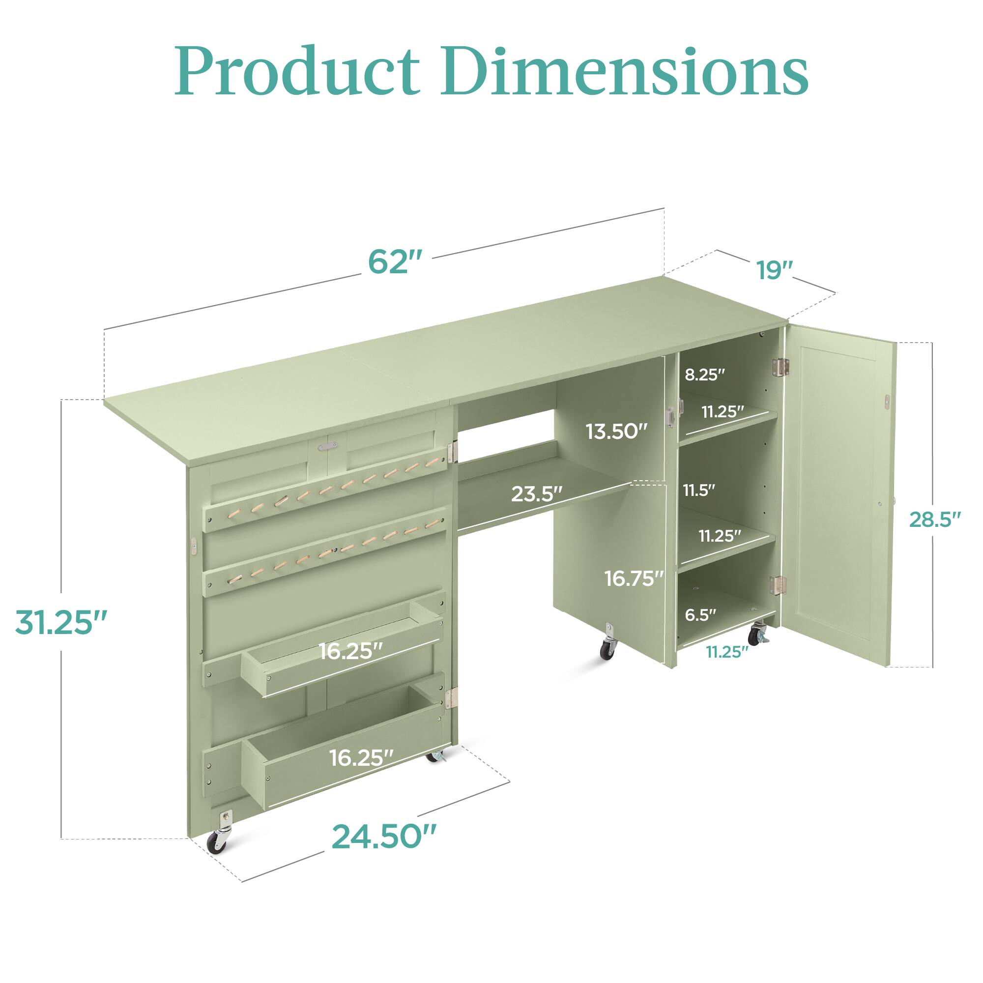 Product Dimensions: 62" x 19" x 8.25" x 13.50" x 11.25" x 23.5" x 11.5" x 11.25" x 28.5" x 16.75" x 31.25" x 16.25" x 6.5" x 11.25" x 16.25" x 24.50"