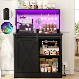 Aheaplus - Farmhouse Bar Cabinet with Power Outlets, Coffee Bar with LED Lighting, Shelves, and Sliding Barn Door - Black