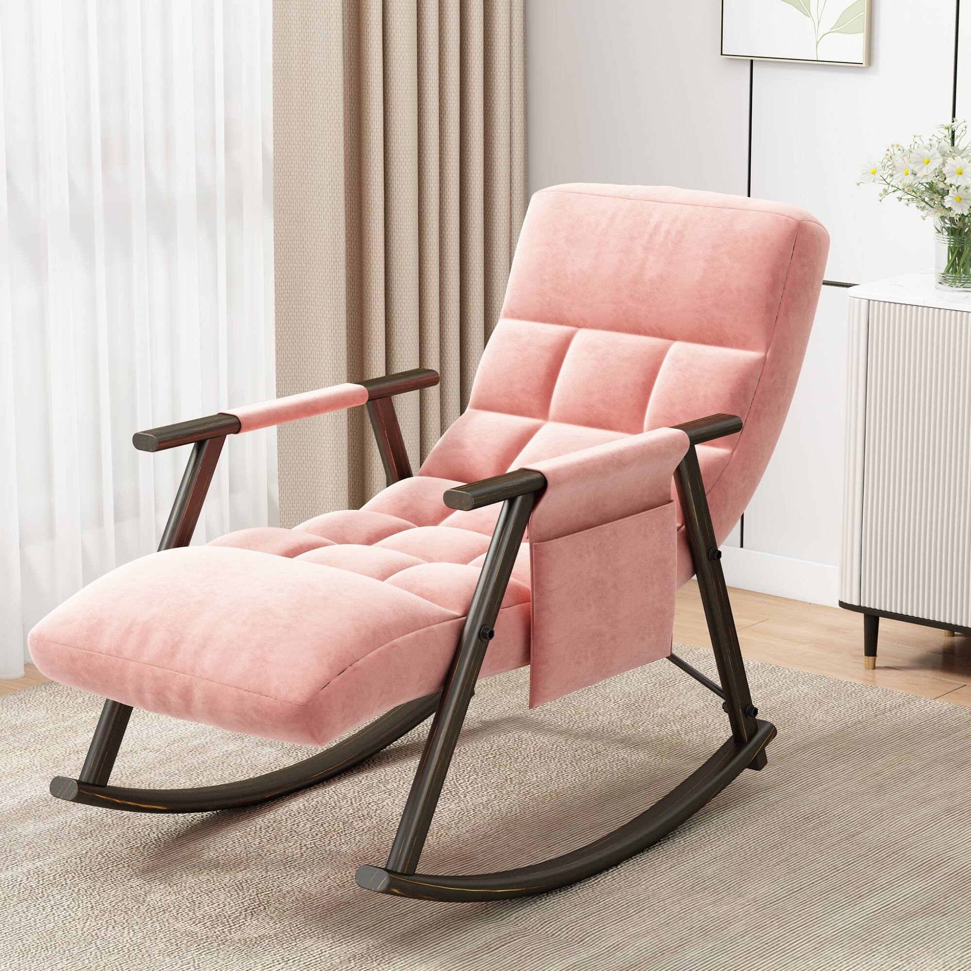 Angle. GOODSILO - Adjustable High Back Casual Rocking Chair with Footrest and Side Pockets for Living Room Bedroom or Balcony - Pink.