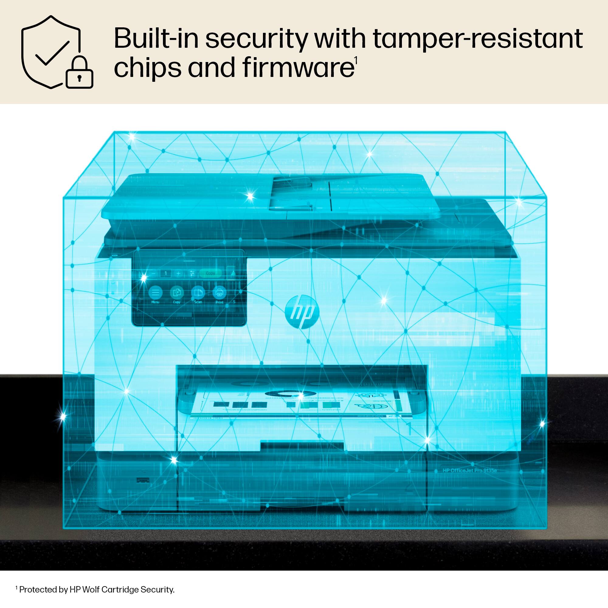 Built-in security with tamper-resistant chips and firmware. Protected by HP Wolf Cartridge Security.