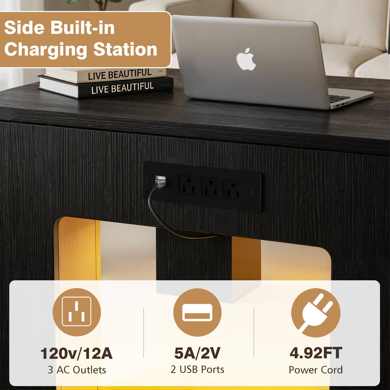 Side Built-in Charging Station - LIVE BEAUTIFUL - LIVE BEAUTIFUL  
120v/12A 3 AC Outlets 5A/2V 2 USB Ports 4.92FT Power Cord